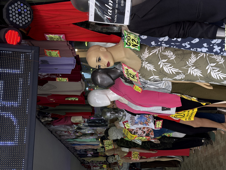 The image captures a clothing store display featuring several mannequins. The mannequins are dressed in a variety of outfits, including dresses, tops, and jackets in different colors and patterns. Each mannequin has a price tag attached. Clothing items are neatly arranged on shelves above the mannequins. A light panel with numerous small lights is located on the left side of the image, alongside a red and black light.