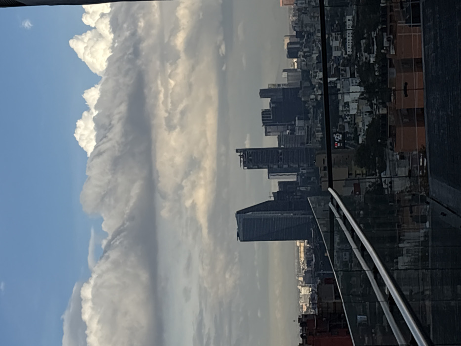 An elevated panoramic photograph depicts a section of the Mexico City urban area under a cloudy sky. The upper half of the image features a sky largely covered by layered white and gray cumulus and stratocumulus clouds, with small areas of blue sky visible at the top. The mid-ground displays a dense cluster of modern high-rise buildings. Specifically, the prominent, dark-colored skyscraper with a distinctive sloped profile on the left is identified as Torre Reforma. Adjacent to it and extending to the right are numerous other glass and steel towers of varying heights, consistent with the financial and commercial district along Paseo de la Reforma in Mexico City, Mexico. The city's residential and commercial structures continue into the hazy distance below the main skyline. The foreground is occupied by a clear glass railing with a metal top rail, typical of an observation deck or rooftop. No human subjects or discernible actions are present in the scene.
