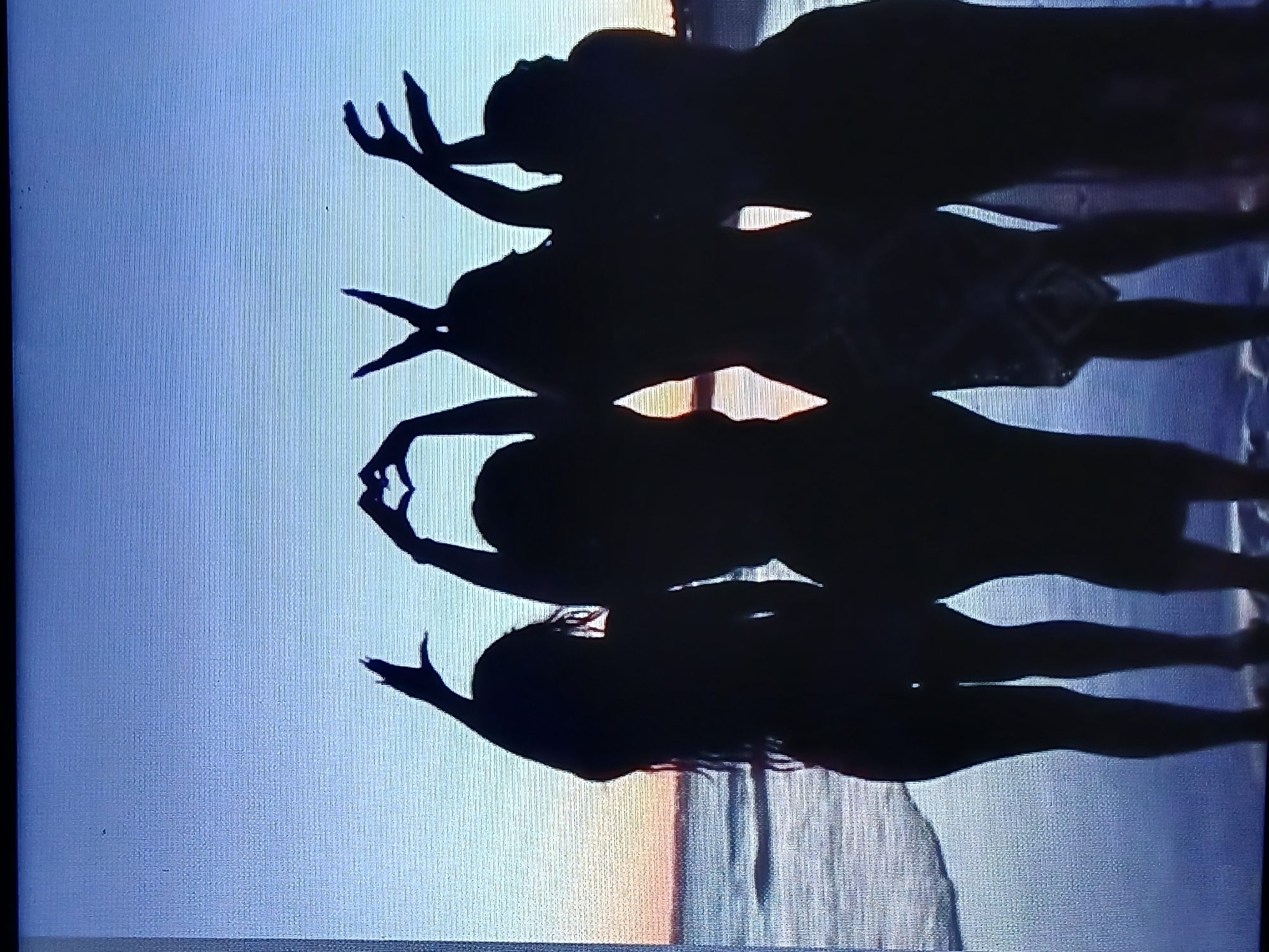 The image shows silhouetted figures of five people, presumably standing on a beach in Juan Griego, Venezuela. The background sky displays a gradient of colors from blue to orange, indicating a sunset or sunrise. The figures are positioned in a row, with their arms raised, some forming shapes with their hands. The figures appear to be of different sizes and possibly different ages. The foreground shows the water meeting the sand. The silhouettes suggest the photo was taken facing the light source, creating a dark outline of the people against the bright sky and sea.