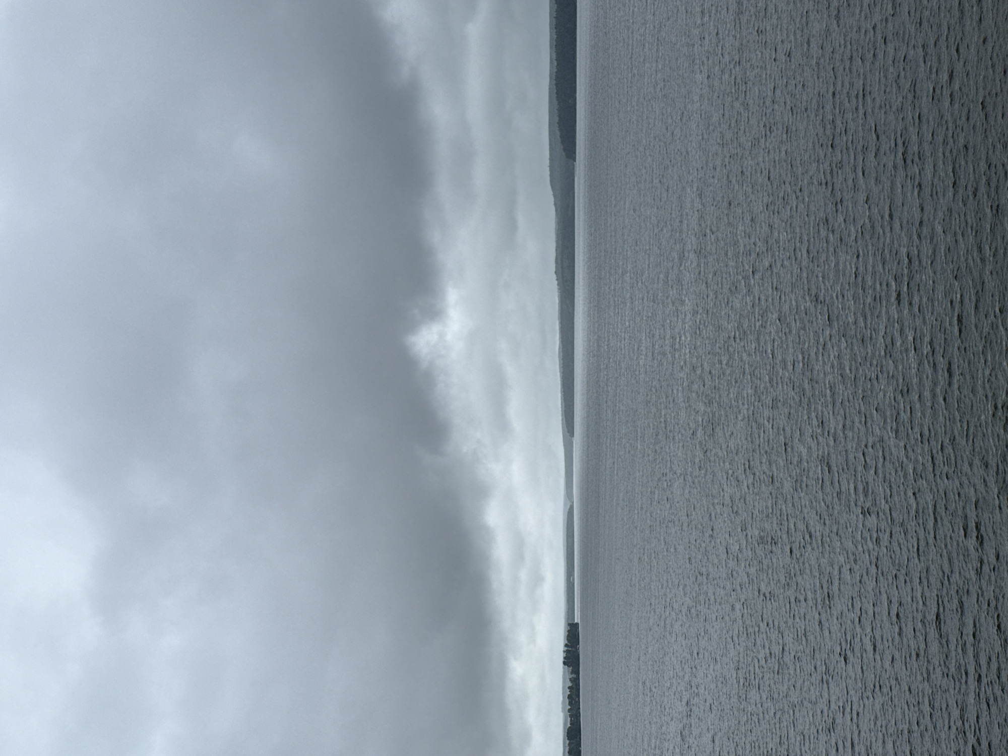 The image depicts a gray, overcast day at Votkinsk, Russia. A large body of water, potentially a river or lake, fills the right side of the frame. The surface of the water is textured with ripples or small waves. Along the horizon line on the water's edge is a strip of land with dark green vegetation. The left side of the image is dominated by a heavy, gray sky full of storm clouds.