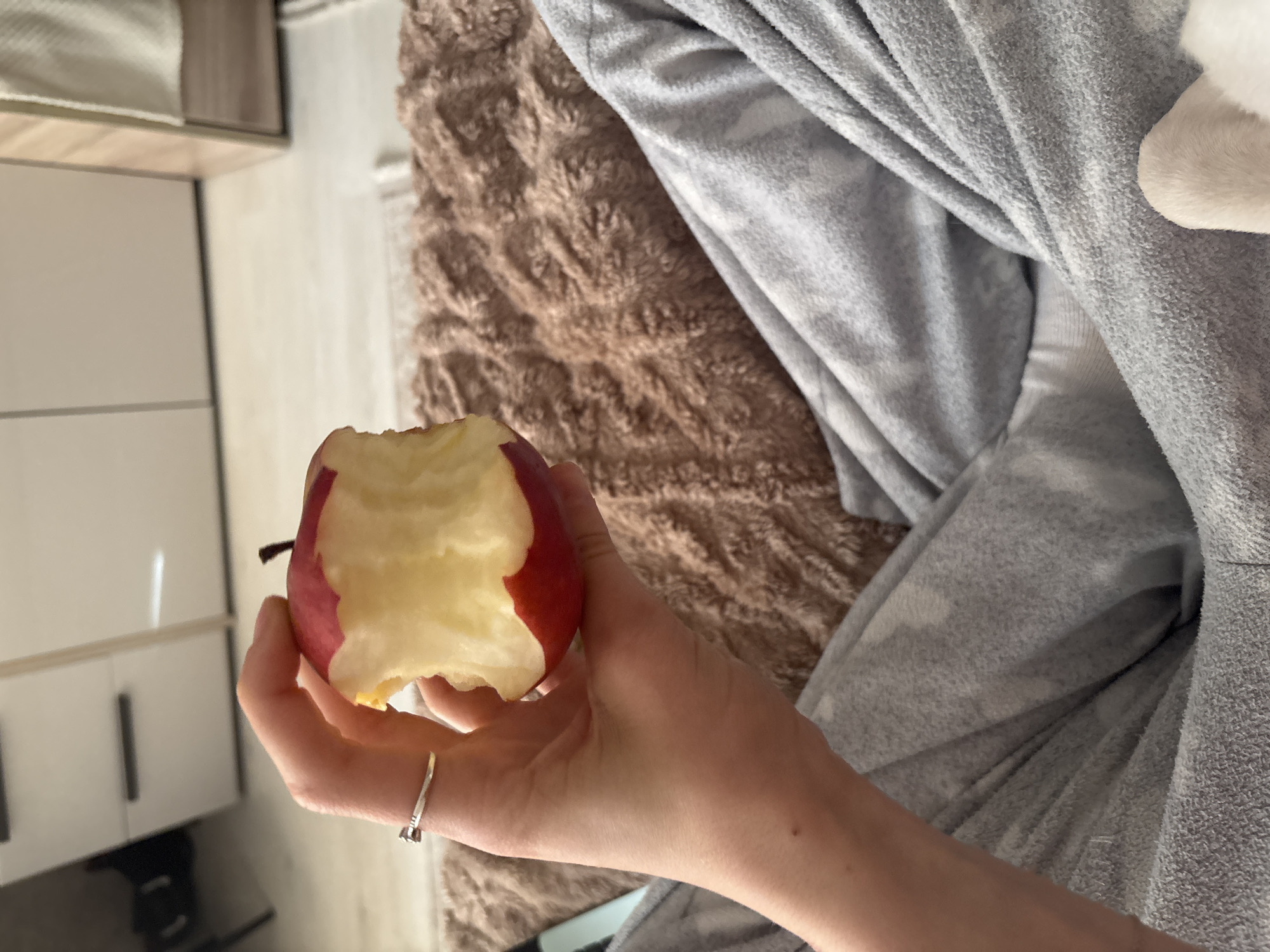 In an indoor setting, a person's hand, adorned with a silver ring, holds a partially eaten red apple. The hand is positioned in the lower left quadrant of the frame. The background consists of a plush brown blanket and grey sweatpants, suggesting a relaxed domestic environment. The scene is lit by natural light, casting soft shadows. The image appears to have been taken from a first-person perspective. There is no discernible connection to the city of Vsevolozhsk, Russia.
