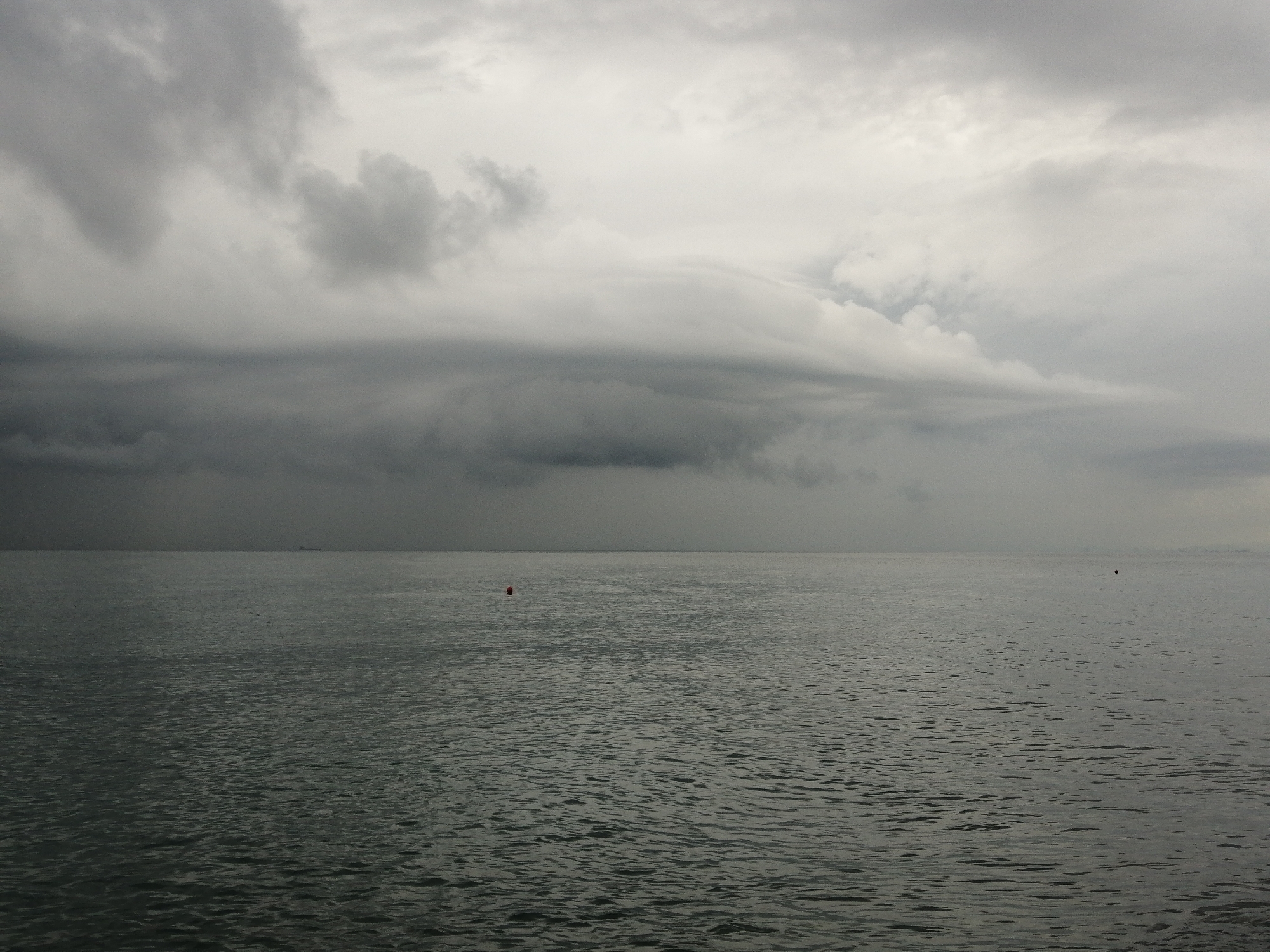 A wide-angle, eye-level shot captures a vast expanse of calm, grey sea under a heavily overcast sky. The water, a dark, muted tone, exhibits subtle ripples across its surface. In the mid-distance, a small, bright red buoy floats near the center of the frame, its vibrant color a stark contrast to the otherwise subdued palette. Further out, a barely discernible dark shape, possibly a distant ship or a marker, is visible on the horizon. The horizon line is a clear, straight division between the sea and the sky. The sky is dominated by thick, layered grey clouds, with lighter tones suggesting the presence of diffused sunlight behind them, though no direct light sources are visible. The overall atmosphere is somber and tranquil. This scene is likely located along the coast of Batumi, Georgia, a city known for its Black Sea shoreline.
