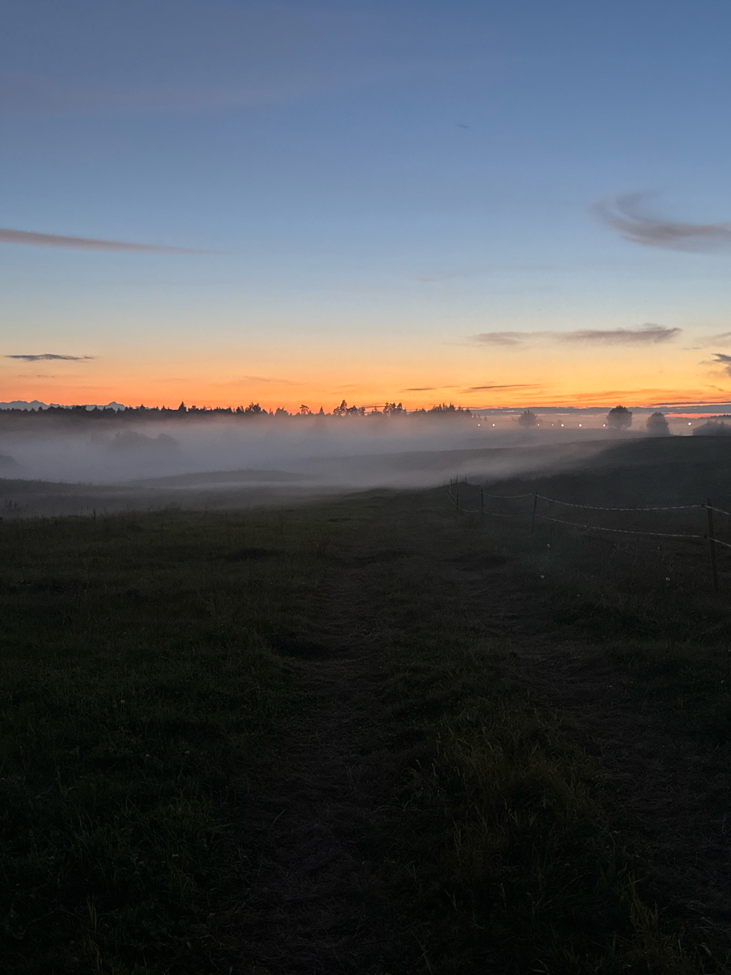 An outdoor, horizontal, full shot captures a serene landscape at dusk. The sky transitions from a deep blue at the top to a warm orange near the horizon. Wisps of clouds are scattered across the sky, with a particularly elongated one stretching across the upper portion. A soft, white fog blankets the middle ground, obscuring the lower parts of trees and creating a hazy effect. In the foreground, a dark, grassy field slopes gently upwards, with a faint path visible in the center. A simple wire fence with posts runs along the right side of the field. The overall atmosphere is tranquil and peaceful.