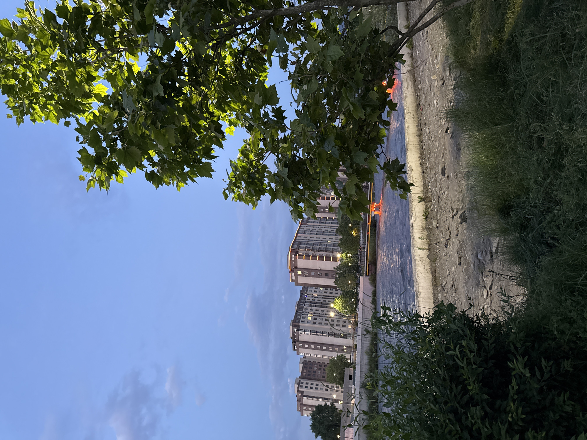 The image depicts a waterfront scene in Vladikavkaz, Russia. The viewpoint is from beneath a large, leafy tree, its branches extending into the frame from the top left. The foreground is dominated by lush green foliage.
The main subjects are a series of tall, modern apartment buildings that line the opposite bank of a river. These buildings are multi-story, with visible windows and some lights illuminated, suggesting it's either early evening or twilight. The architecture appears contemporary, with balconies and varied facade colors, including beige and darker brown accents.
The river itself is a prominent feature, its surface reflecting the sky and surrounding lights. The riverbank is a mix of concrete structures, gravelly areas, and more dense vegetation. On the far bank, beyond the apartment buildings, hints of urban infrastructure, like railings and streetlights, are visible.
The time of day appears to be late afternoon or early evening, given the soft natural light and the illumination from the buildings. The sky is a clear blue with some scattered, wispy clouds. The overall mood of the scene is tranquil and serene, with a sense of urban life juxtaposed with the natural element of the river and the overhead trees. No people are clearly visible in the frame. There is no visible text in the image.