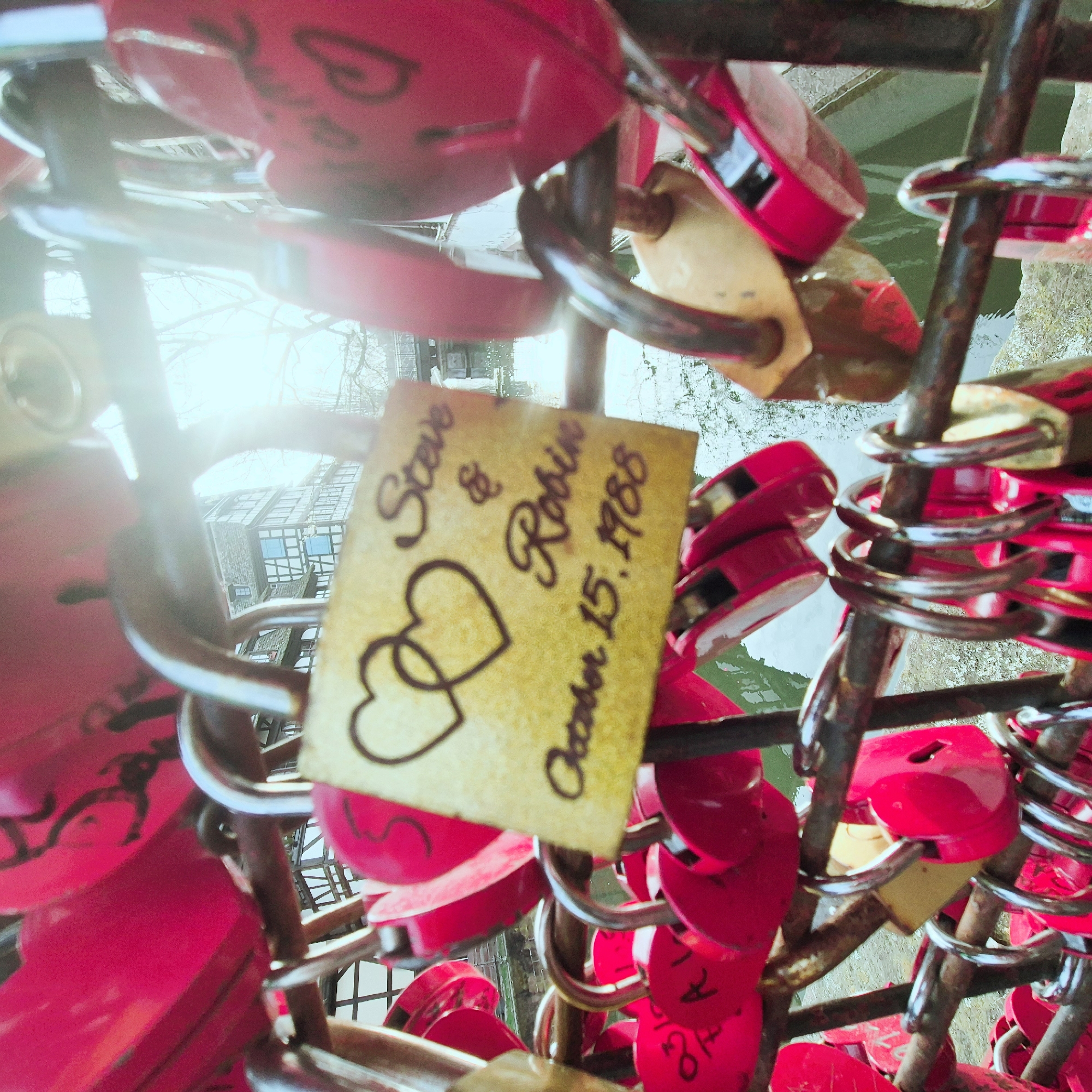 The image displays a close-up, eye-level view of numerous padlocks, predominantly bright fuchsia and red, fastened to a rusty, dark brown metal railing. The most prominent object is a rectangular, gold-colored padlock, secured to the railing, which features black engraved text: two intertwined hearts, "Steve & Robin," and "October 15, 1988." Several other padlocks, some with visible inscriptions, are similarly attached to the railing. In the blurred background, traditional half-timbered buildings, characteristic of the Petite France district in Strasbourg, France, are visible alongside a body of water, likely a canal or river. A bridge structure and bare tree branches are also discernible in the distance. Strong sunlight from the upper right quadrant generates a noticeable lens flare. No individuals are present in the scene.