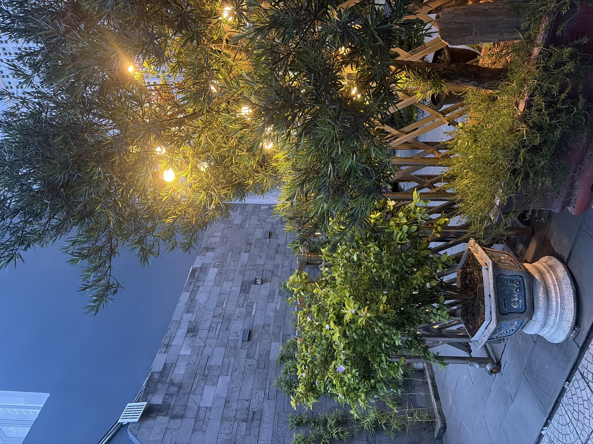 The image depicts a nighttime scene in a courtyard or garden area, possibly in Đà Nẵng, Vietnam, given the context. The primary focus is on lush green plants, including a large tree adorned with warm, illuminated string lights, and a smaller potted plant with delicate white and purple flowers. A textured, dark grey stone wall forms the backdrop to the left, with a portion of a modern building visible at the top left. A rustic wooden lattice fence separates different areas of the garden. The ground is paved with large grey tiles, with a patterned tile area visible in the foreground. The overall ambiance is tranquil and inviting, enhanced by the soft glow of the lights against the dusky sky. There are no people or animals visible in the image.