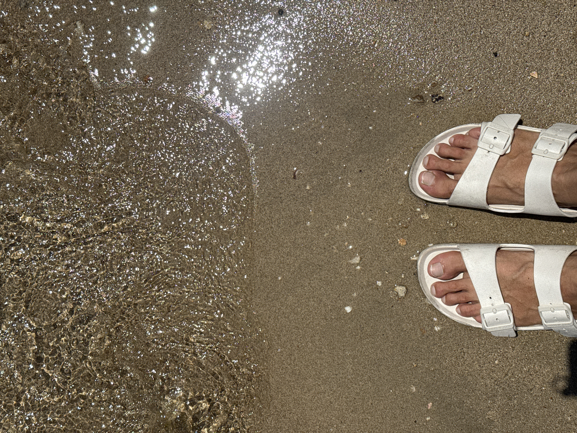 The image shows a pair of feet wearing white sandals on a sandy beach. The left side of the image is occupied by shallow, glistening water. The sand is light brown and appears wet. The image was taken at Bac Nha Trang Ward, Vietnam.