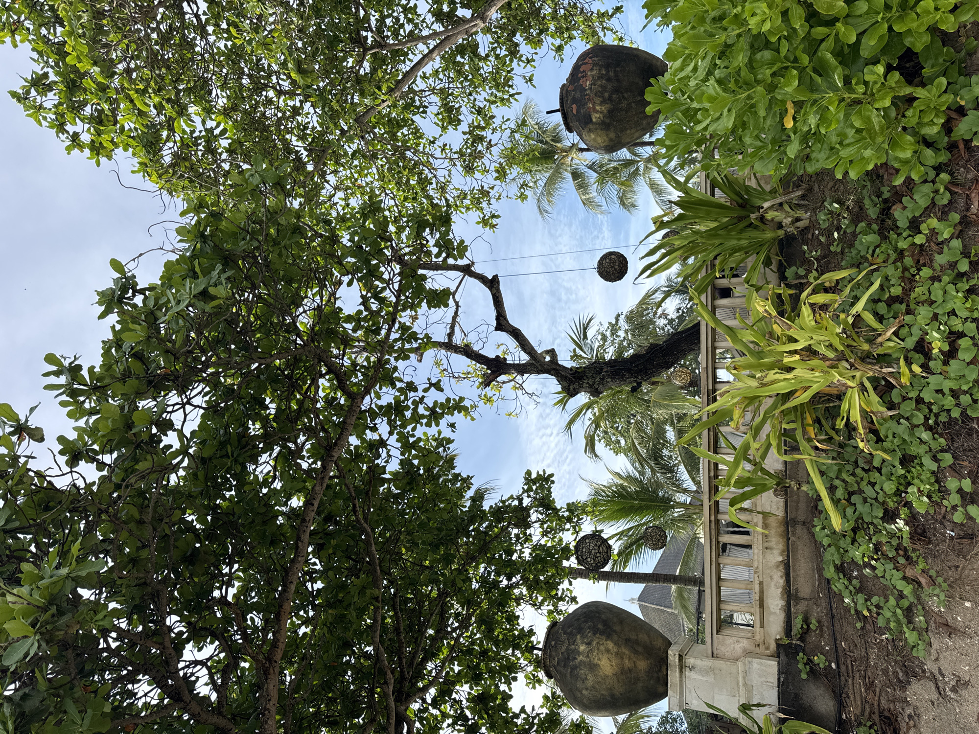 The image is taken from a low-angle perspective, looking upwards through a dense canopy of trees towards a partly cloudy sky. The scene is in Kuta Selatan, Indonesia, with tropical vegetation including leafy trees and palm trees visible. Two large, dark-colored, urn-shaped objects are suspended in the air, possibly as decorations. There are also several smaller, round objects hanging from strings. The foliage suggests a tropical environment, and a partial view of a building with light-colored architecture is present. The overall composition emphasizes the lush vegetation and the unique suspended ornaments, set against the backdrop of the Indonesian sky.