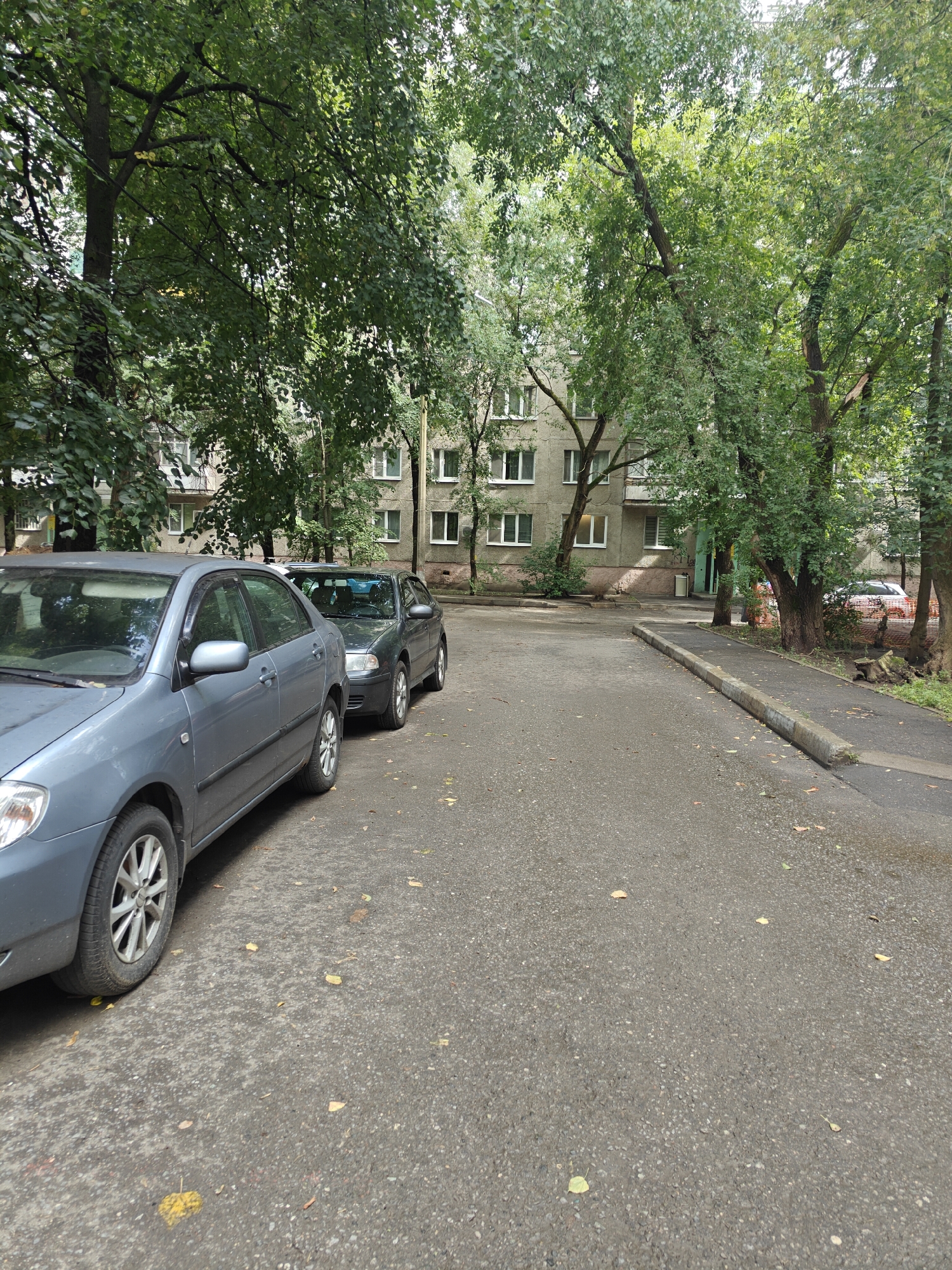 An asphalt road runs alongside a row of parked cars, with a concrete curb separating it from a sidewalk. Large trees with green foliage overhang the road and sidewalk. Behind the trees, a multi-story residential building with a light-colored facade and numerous windows is visible. The scene appears to be a typical urban residential area in Zhukovsky, Russia, likely a courtyard or street adjacent to an apartment complex. There are no people visible in the image.