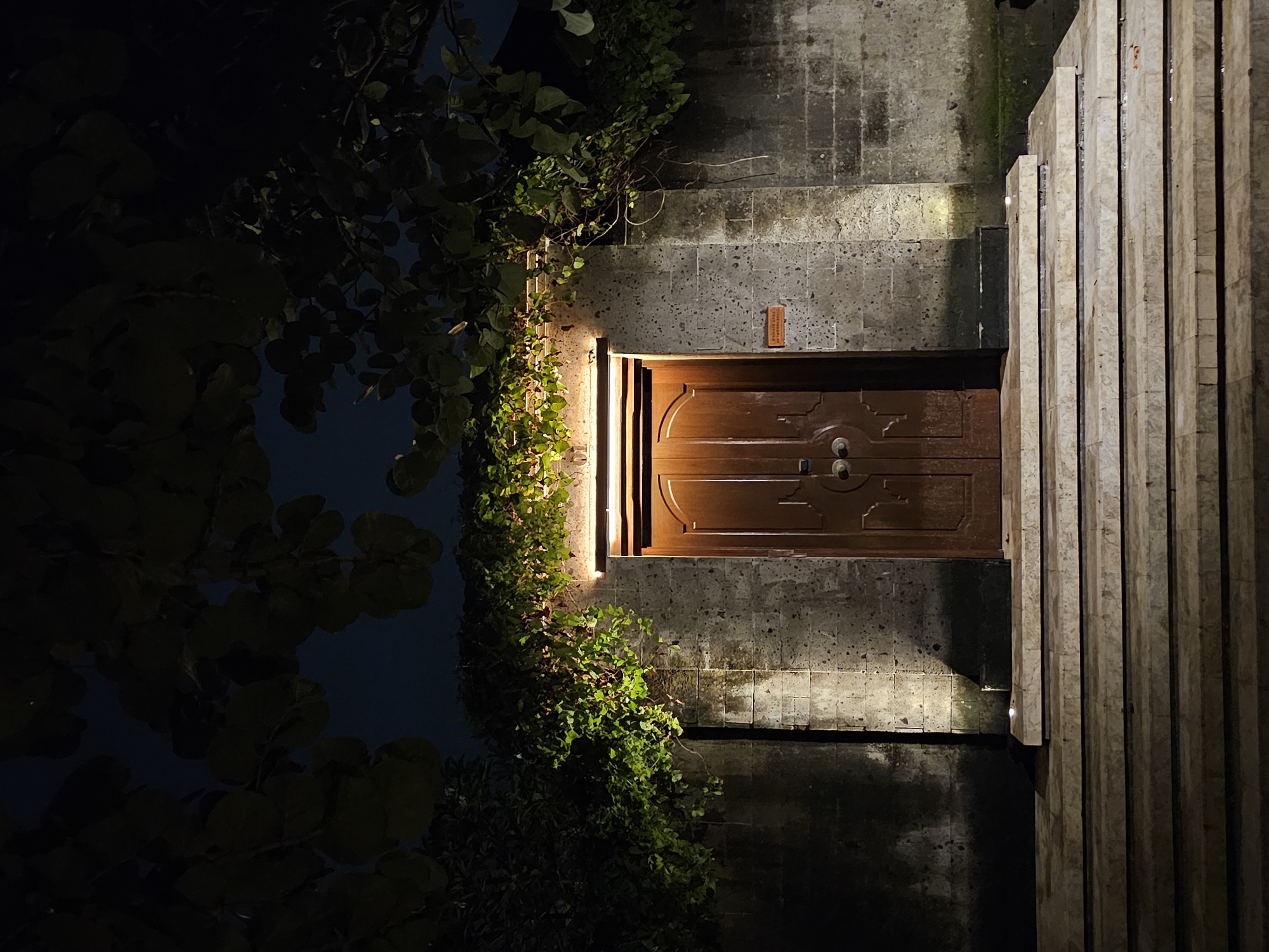 A nighttime exterior shot depicts a symmetrical composition. A dark wood door sits centered in the frame, flanked on the left by lush greenery and on the right by vertical stone pillars. The door is set into a concrete facade with a dark textured surface. The greenery on the left consists of dense leaves and vines that seem to be bordering a water feature reflecting a dark blue sky. Ambient light casts shadows under the leaves and along the stone. The scene is a mix of natural elements and architecture, likely located in Denpasar, Indonesia, as the location is frequently known for its integration of natural elements in architecture.