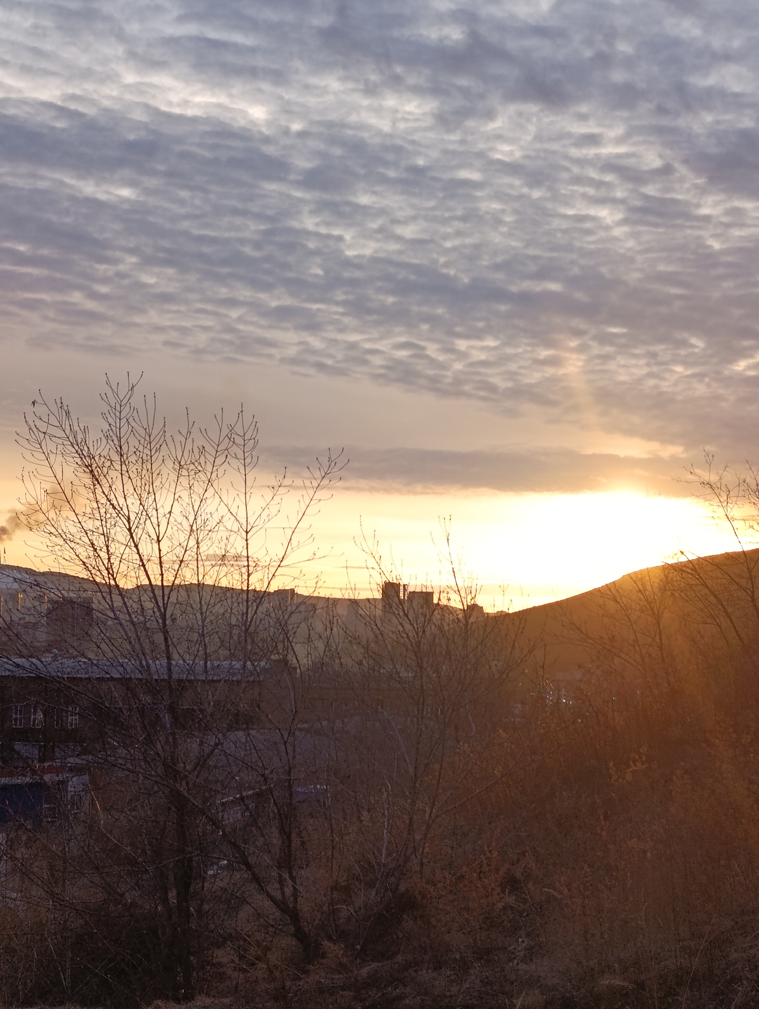The image captures a sunrise or sunset in what appears to be Krasnoyarsk, Russia, based on the urban landscape elements. The foreground features a landscape with trees. In the middle ground, a cluster of buildings with visible windows and rooftops are present. Beyond the buildings, there are distant hills. The sky is filled with cloud formations, with the sun positioned to the right of the frame, casting a golden glow.