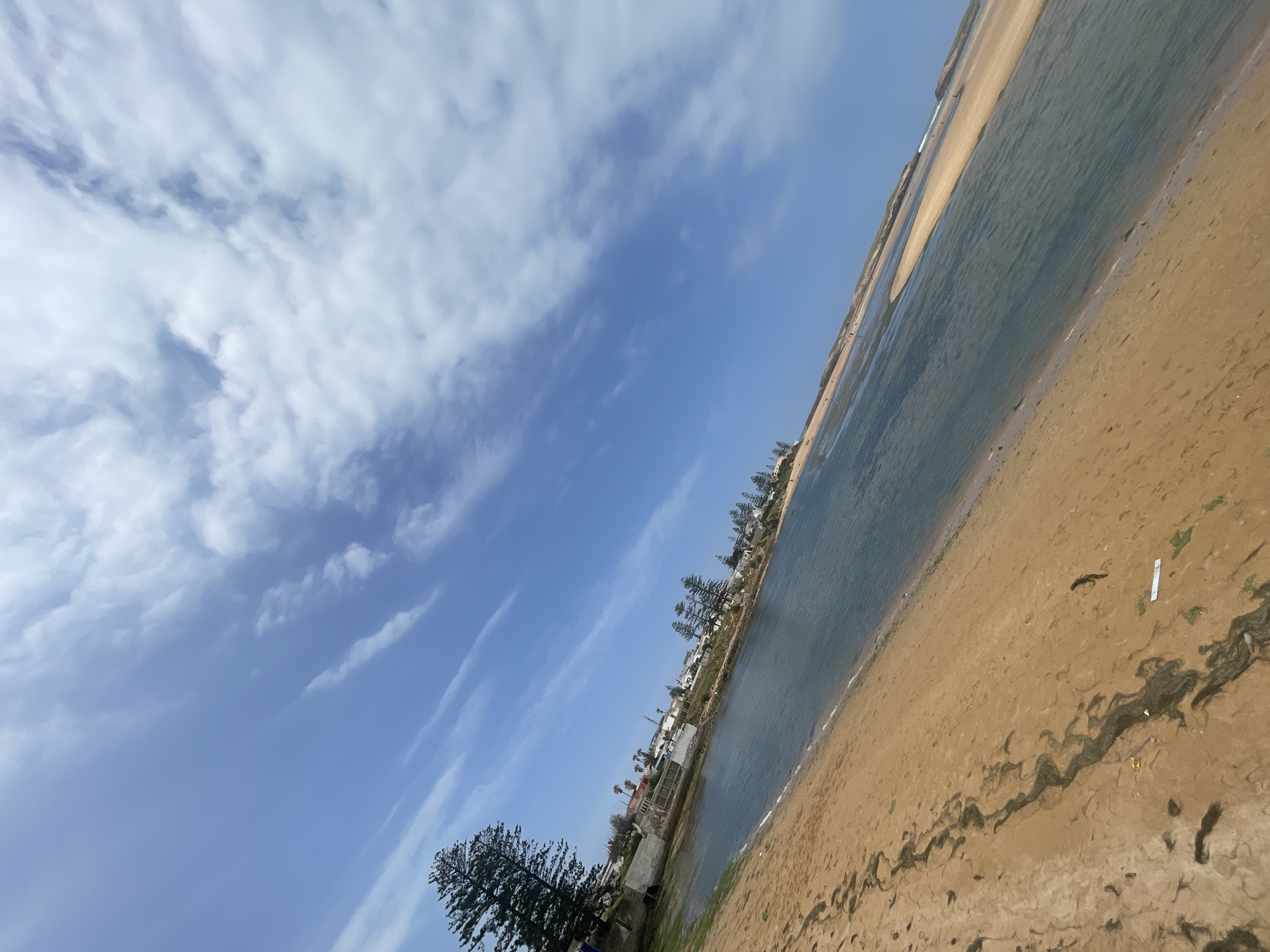 This photograph captures a serene coastal or estuarine landscape in Loualidia, Morocco, seen from a slightly elevated and tilted perspective. The scene is dominated by a wide, calm body of water, likely a lagoon or river mouth, separating a sandy foreground from a built-up shoreline on the opposite bank.
The sky, occupying the upper portion of the image, is a bright, clear blue with scattered white, wispy clouds. Sunlight bathes the entire scene, indicating daytime. The water, a muted blue-green, gently reflects the sky, appearing still and undisturbed.
In the foreground and extending along the near bank of the water, there is a wide expanse of light brown sand. Darker, irregular patterns of what appears to be seaweed or organic debris are visible on the wet sand. A tall, dark green coniferous tree stands prominently in the lower-left, partially framed by the edge of the shot.
Across the water, on the far bank, a line of white and light-colored buildings, possibly houses or small hotels, stretches along the shoreline. These structures are nestled amidst abundant green vegetation, including more coniferous trees and some palm trees, suggesting a verdant environment. In the distance, beyond the immediate buildings, more sandy hills or dunes can be discerned on the far side of the water body.
No people or discernible activities are visible, lending a quiet and peaceful atmosphere to the scene. There is no visible text. The overall impression is one of natural beauty and tranquility, characteristic of a coastal resort town.