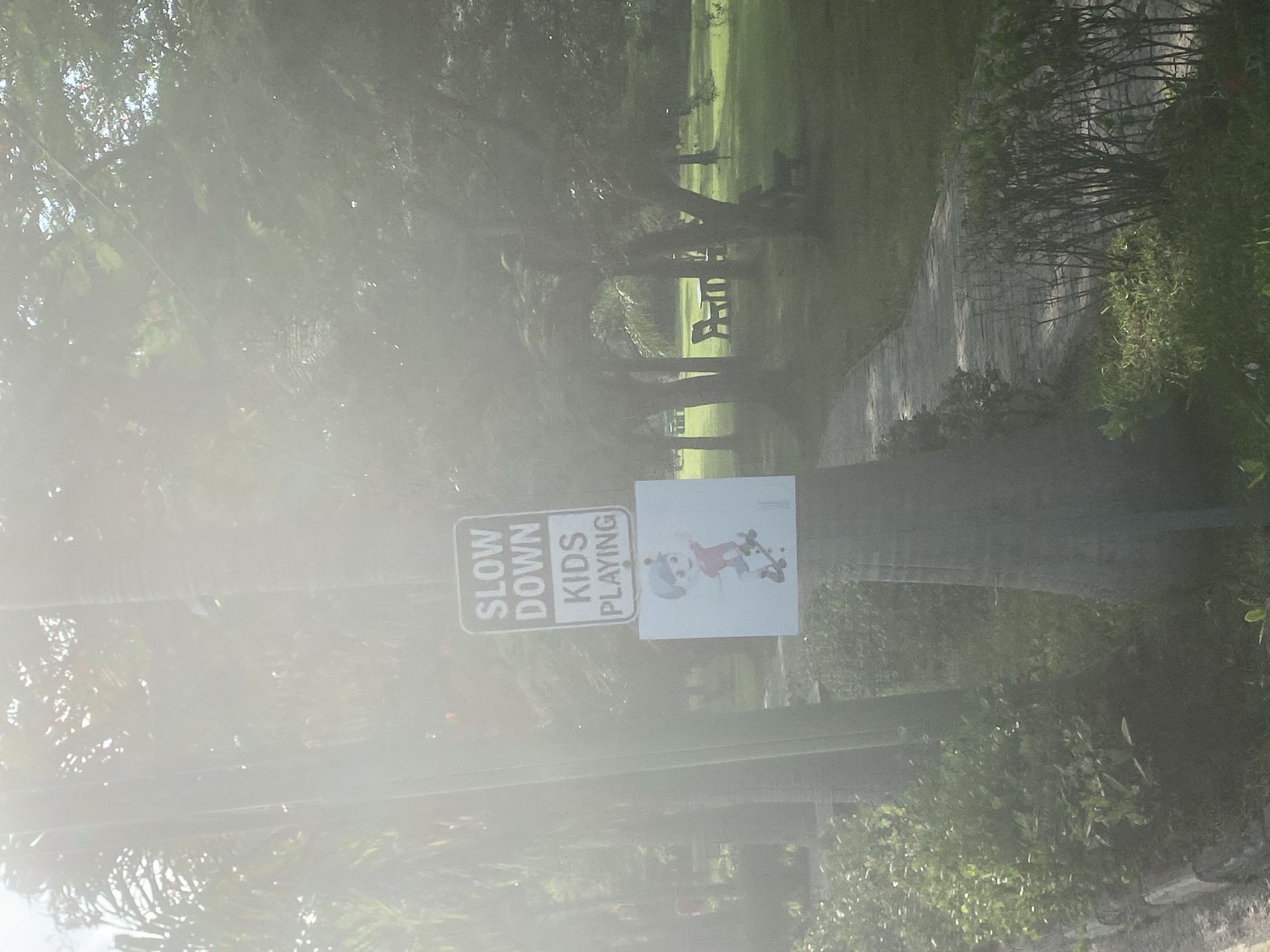 The image shows a "Slow Down Kids Playing" sign attached to a post. A white paper or sign depicting a cartoon character on a skateboard is attached next to it. The scene appears to be in a residential area with trees and greenery visible. A path or road can be seen in the background, along with benches or chairs. The image quality is poor, with excessive glare or light, making it difficult to discern details. The city and country information is not discernible from this image.