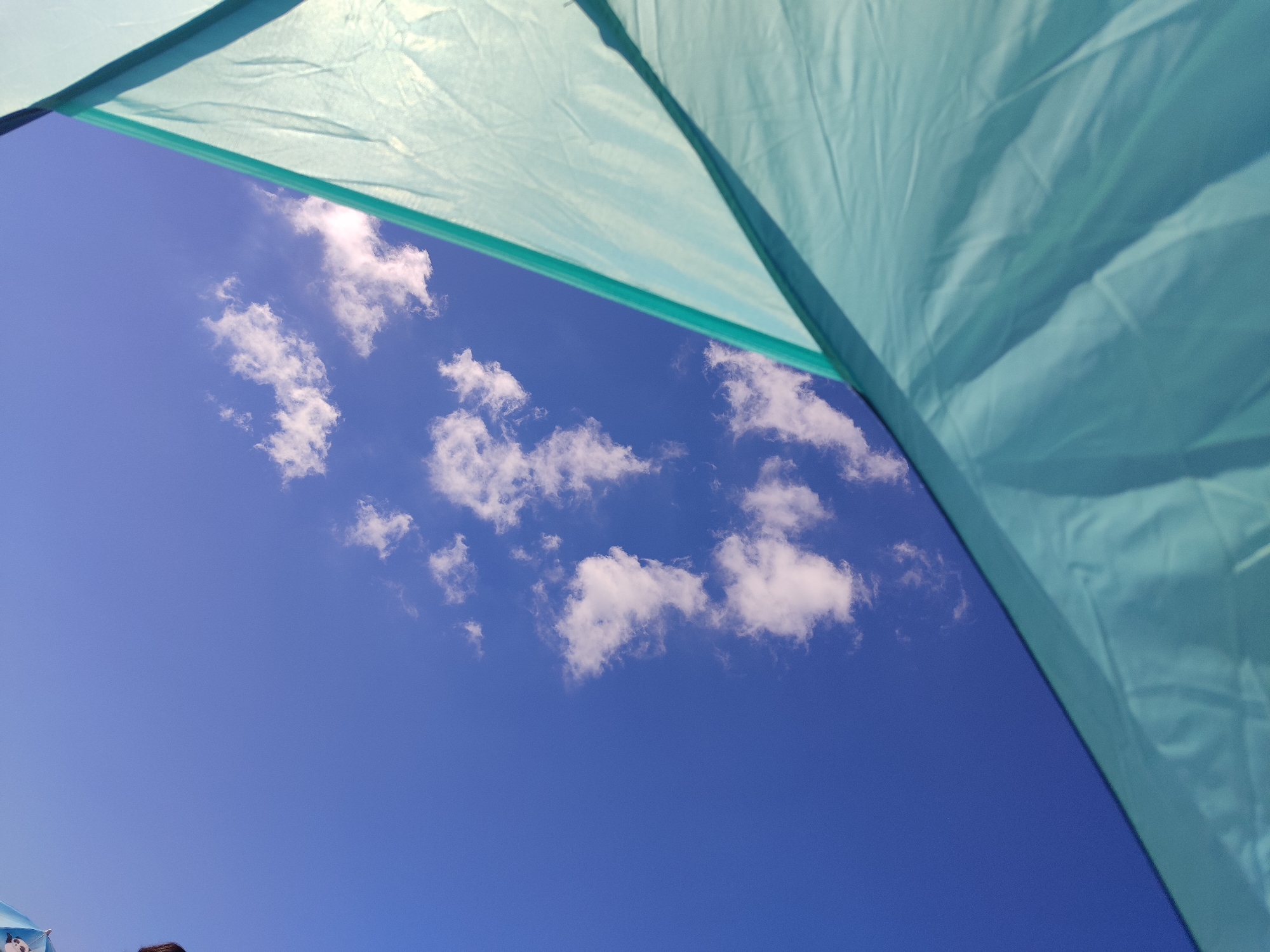 The image captures a low-angle view of a bright blue sky dotted with fluffy white clouds, framed by the turquoise fabric of what appears to be a tent or awning. The fabric, with its visible creases and seams, occupies the upper right portion of the frame, extending diagonally across. The sky itself is clear and expansive, with the clouds appearing scattered and thin, suggesting a fair-weather day. While the image is devoid of any identifiable landmarks or architectural features that would definitively place it in Kandıra, Turkey, the overall scene evokes a sense of outdoor leisure or camping in a location that experiences such clear skies and cloud formations. There are no people or specific actions depicted in the image.