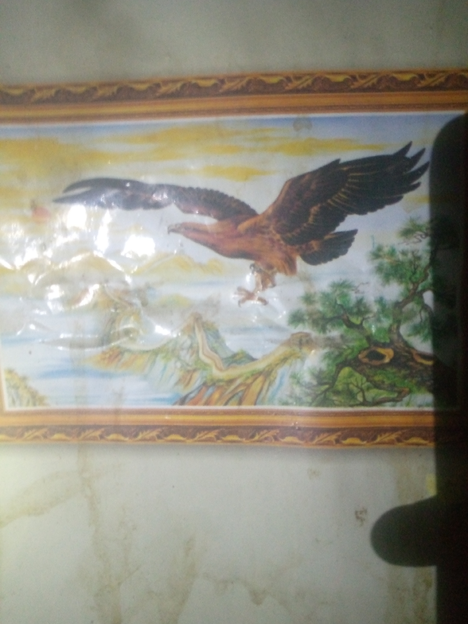 A framed painting depicts two eagles in flight against a backdrop of mountains and a tree. The painting is horizontally oriented, with a golden frame featuring a decorative border. The sky is rendered in soft yellow and blue hues, suggesting a sunset or sunrise. The larger eagle, with brown and black plumage, is in the foreground, with its wings spread wide as if soaring. A second, darker eagle is positioned behind and slightly above it, appearing to be in pursuit or flying in formation. The landscape includes stylized mountains with hints of green and yellow vegetation, and a large, gnarled green tree on the right side of the frame. The painting appears to be covered with a protective plastic sheet, which causes some glare and distortion in the image. The background wall appears to be a light, textured color with some discoloration. A dark shadow of a person is visible on the right side of the image, suggesting the photo was taken by someone holding a camera or their hand.