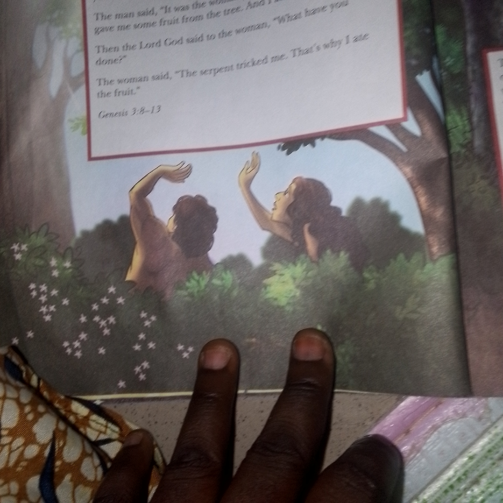 The image is a close-up shot of an open book, depicting an illustration of Adam and Eve in a garden setting. The text on the page reads: "The man said, “It was the woman who gave me some fruit from the tree, And I ate.” Then the Lord God said to the woman, “What have you done?” The woman said, “The serpent tricked me. That’s why I ate the fruit.” Genesis 3:8-13". Adam is shown in the foreground on the left, with his back to the viewer, reaching out. Eve is on the right, also reaching out. They are surrounded by lush green foliage with small white flowers. The image is slightly blurred, and the bottom portion of the photograph shows a person's fingers and a patterned fabric, suggesting the book is being held or viewed by someone. The overall scene is a depiction of a biblical narrative.