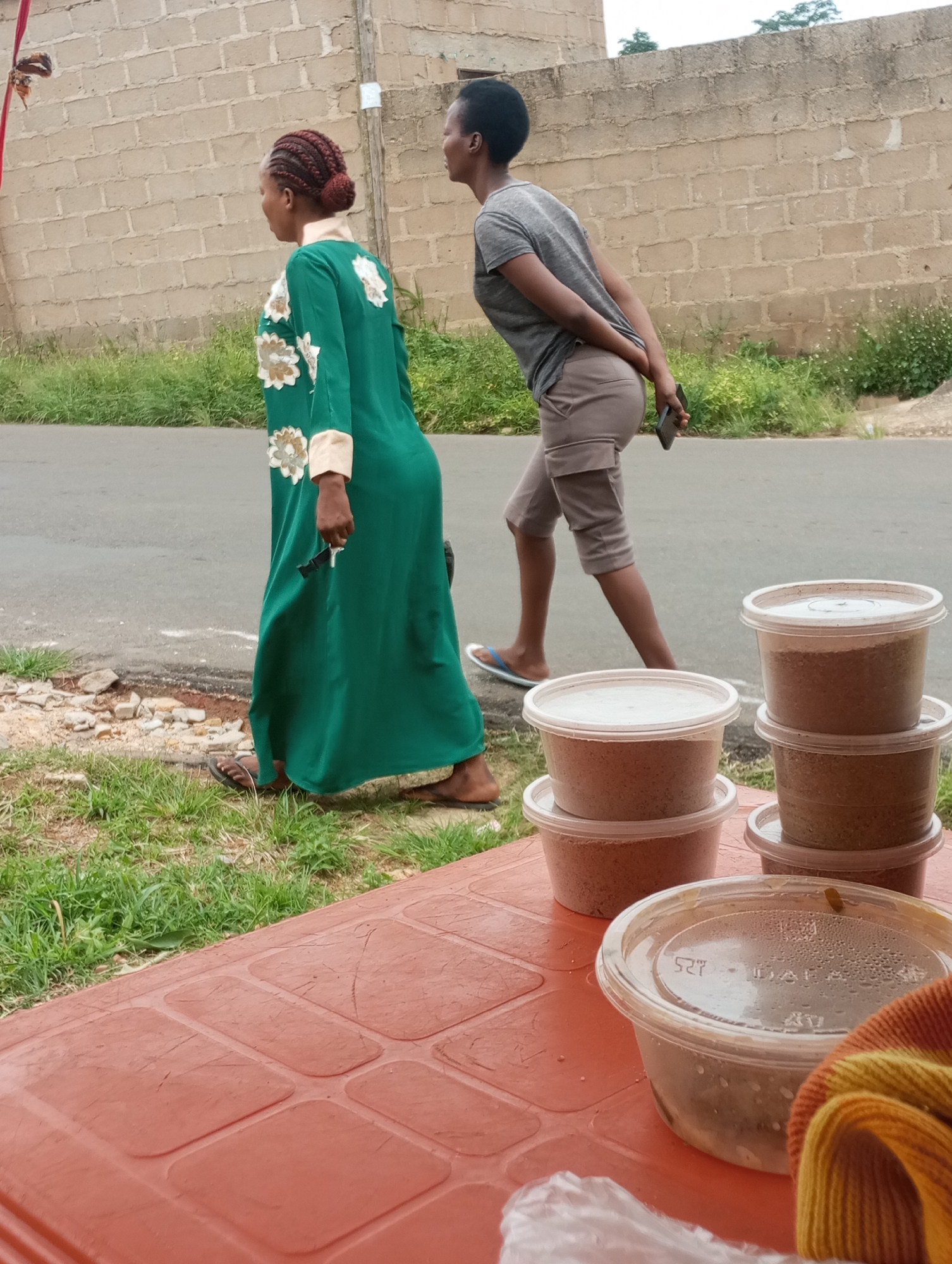 In the city of Jos, Nigeria, two individuals walk along a paved road adjacent to a brick wall. The person on the left, wearing a long green dress with floral embellishments, walks with their back to the camera. The second person, to their right, is seen from the side, wearing a grey t-shirt and beige cargo shorts, holding a dark smartphone in their right hand. In the foreground, several clear plastic containers filled with a brown substance are stacked on a reddish-orange patterned surface. The environment appears to be outdoors, with a grassy area bordering the road and the brick structure.