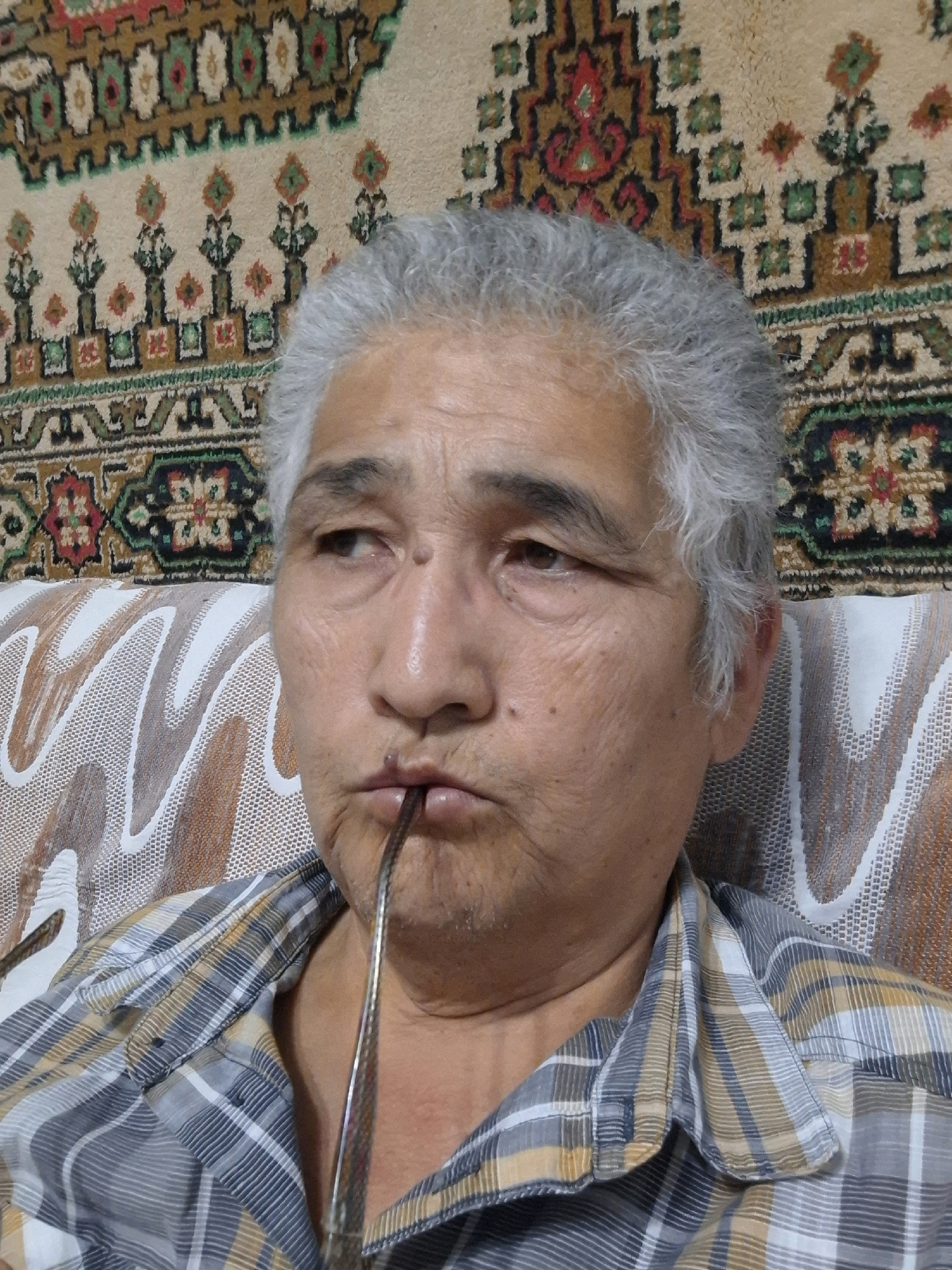 A man with graying hair is shown from the chest up, looking to his left. He is wearing a plaid shirt with yellow, white, gray, and black stripes. A long, thin, metallic object, possibly a cigarette holder or part of a smoking pipe, is held in his mouth. The background consists of a patterned tapestry with geometric designs in brown, cream, red, green, and black. To the man's left, a portion of a sofa with a textured white and brown pattern is visible. The lighting appears to be natural, casting soft shadows on the man's face. This image was taken in Almaty, Kazakhstan.
