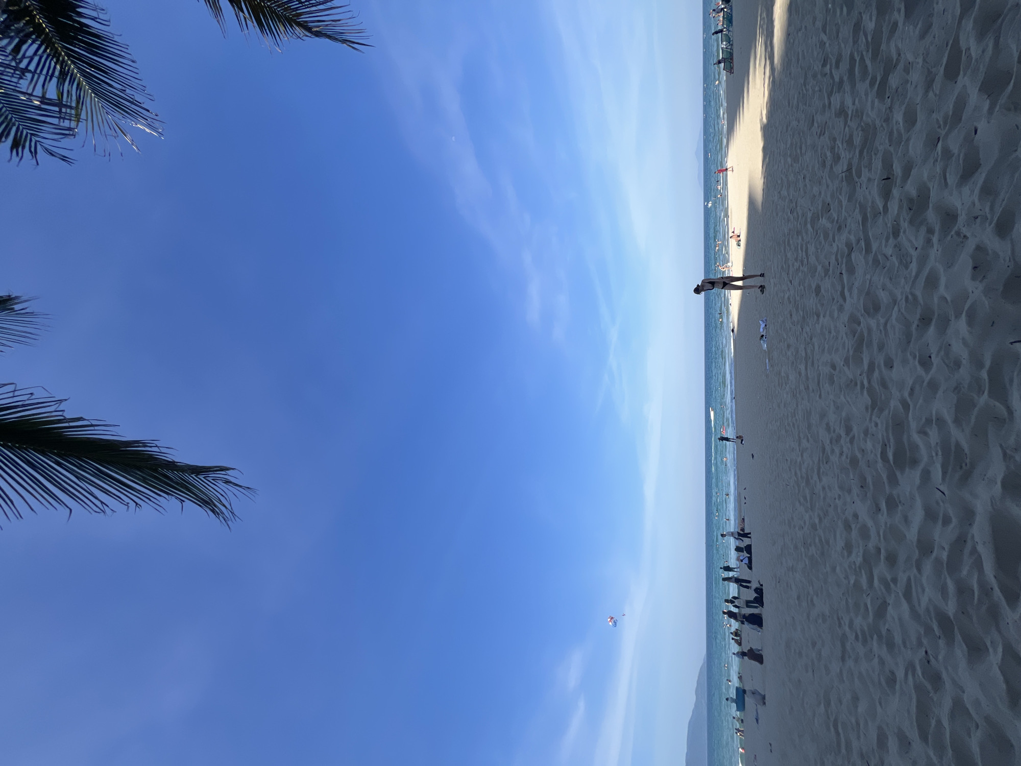 This image depicts a sunny day at a beach in Da Nang, Vietnam. The foreground is dominated by the sand of the beach, with textured patterns indicating footprints and ripples. In the midground, numerous people are scattered across the sand and in the shallow water. Some are seated, some are standing, and some appear to be walking. A person in a dark swimsuit is visible on the sand in the right midground, facing away from the camera. In the distance, the blue ocean stretches to the horizon, with several boats and a paraglider visible in the sky. The sky itself is a clear, vibrant blue with a few wispy clouds. Palm fronds hang down from the top corners of the frame, framing the scene. The overall impression is one of a busy, recreational beach environment.