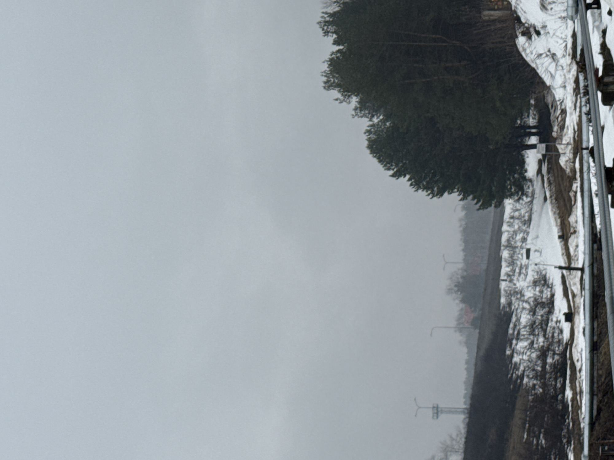 The image shows a wintery landscape, likely in the Chaikovsky region of Russia, although specific landmarks are not clear to confirm it is a location in the city itself. The scene is dominated by a grey, overcast sky covering the majority of the frame. In the lower right portion of the image there is a road or railway line; snow is visible along the edges, indicating wintry conditions. Bare trees and shrubbery are scattered along the edges of the road or railway line. There are street lights visible along the sides of the road. In the upper right portion of the frame is a large area of dense trees. The overall feeling is cold and somber.