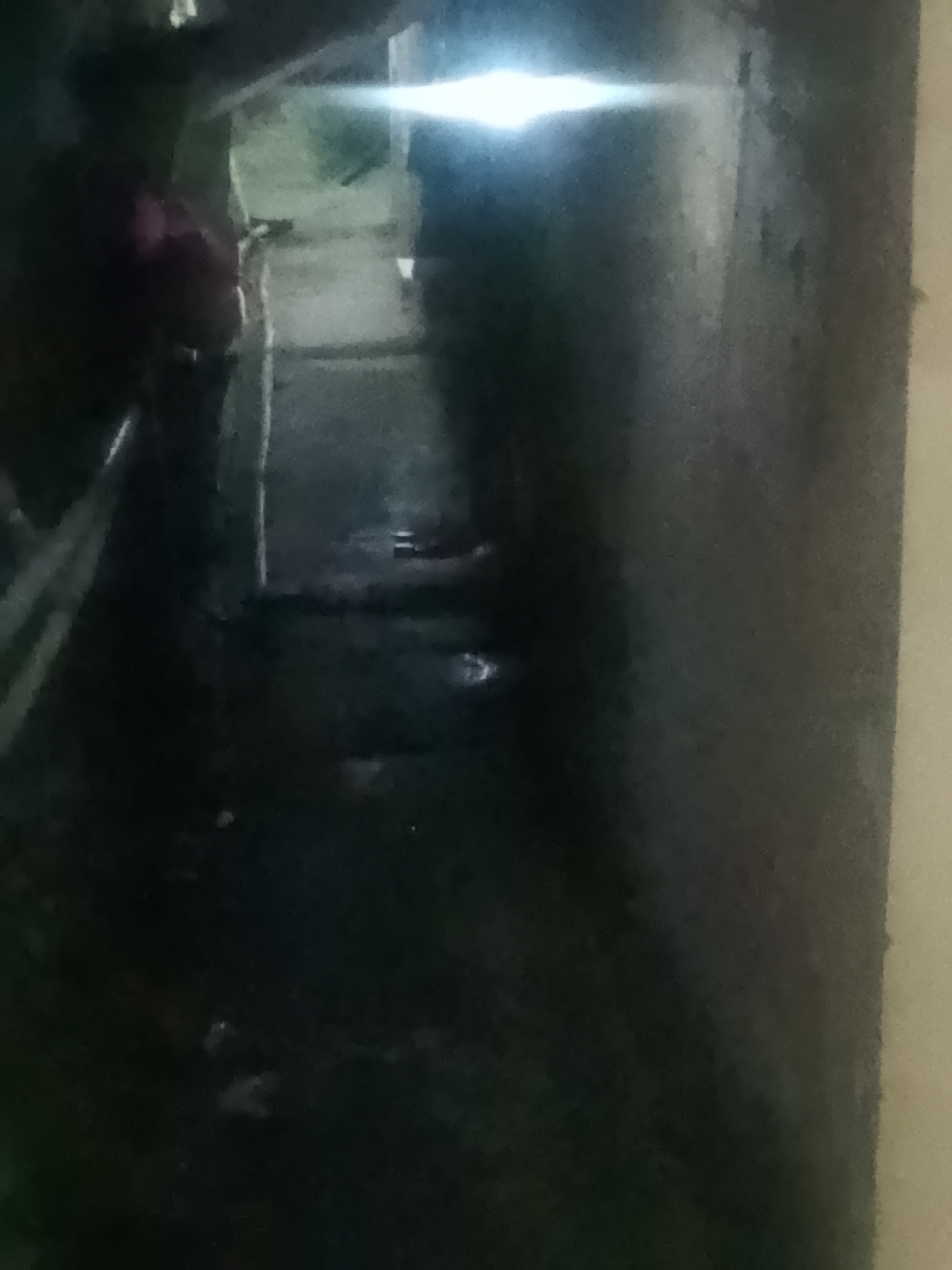 The image depicts a dark, narrow alleyway with a rough, textured floor. The lighting is dim, with a bright, almost blown-out light source at the top of the frame, creating significant glare and obscuring details in that area. To the left, a dark silhouette of a person is visible, wearing what appears to be a dark top and possibly purple or pink clothing underneath. This figure is partially obscured by shadows. The alley walls are dark and appear to be made of concrete or stone, with some unevenness. There are faint reflections or wet patches on the ground in the lower portion of the image. The overall impression is of a dimly lit, possibly neglected urban space. The location is identified as Cisarua, Indonesia, but no specific landmarks are discernible within the image to confirm this.
