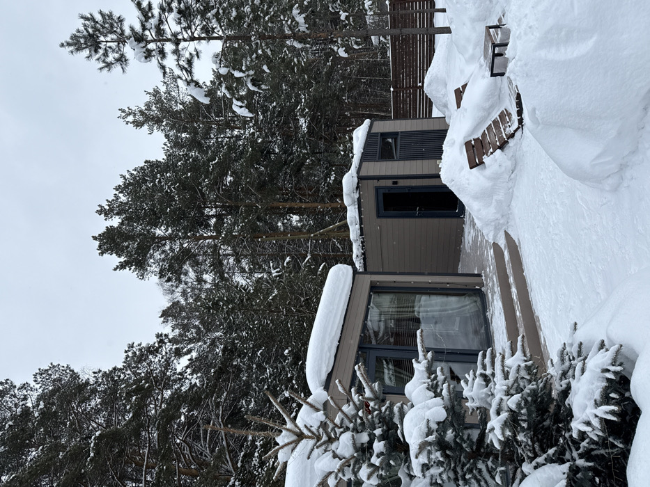 The image depicts an outdoor winter scene in Sysert, Russia. The ground, roofs, and vegetation are extensively covered in deep white snow under an overcast sky. Two modern, single-story structures with light brown panel siding and dark trim are present. The left structure features a large glass sliding door accessed by a two-step raised wooden deck, which is clear of snow. Its flat roof bears a thick layer of snow. To its right and slightly behind, a smaller structure of similar construction displays a dark, solid door that is partially ajar, and a vertical ribbed panel. This structure's flat roof also has snow coverage and small, possibly decorative lights along its edge. A dense forest of snow-dusted coniferous trees forms the background across the entire width of the scene. In the foreground-left, a small evergreen tree is heavily laden with snow. In the mid-ground, to the right of the structures, a wooden slatted lounge chair and a small square table are partially submerged in snowdrifts. A dark brown slatted wooden fence runs horizontally along the right side, bordering the forest. No individuals are visible.