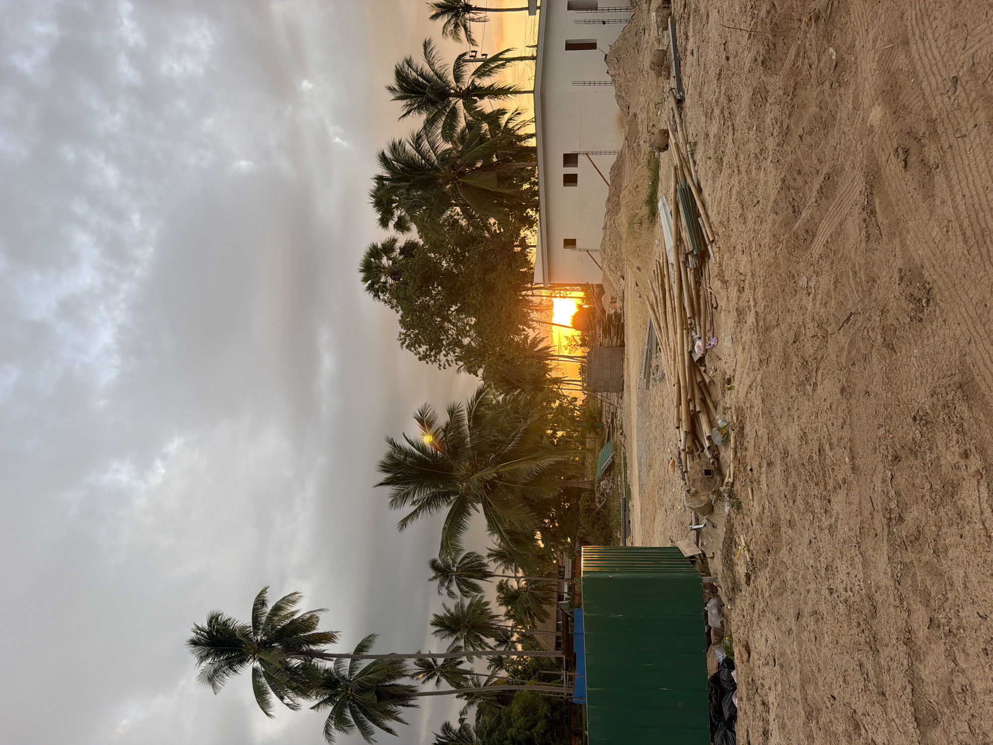 In Baan Tai, Thailand, a construction site is depicted at sunset. The sky is overcast with hues of orange and grey, characteristic of a tropical twilight. A newly constructed white building with visible window openings and rebar stands to the right, surrounded by piles of sand and construction materials such as bamboo poles and corrugated metal sheets. To the left, a large green metal container and a pile of black trash bags are present. A dense cluster of palm trees, some with visible coconuts, frames the scene, with the setting sun peeking through the fronds on the right side of the image, casting a warm glow. The ground is sandy and uneven, with tire tracks visible, indicating recent activity.