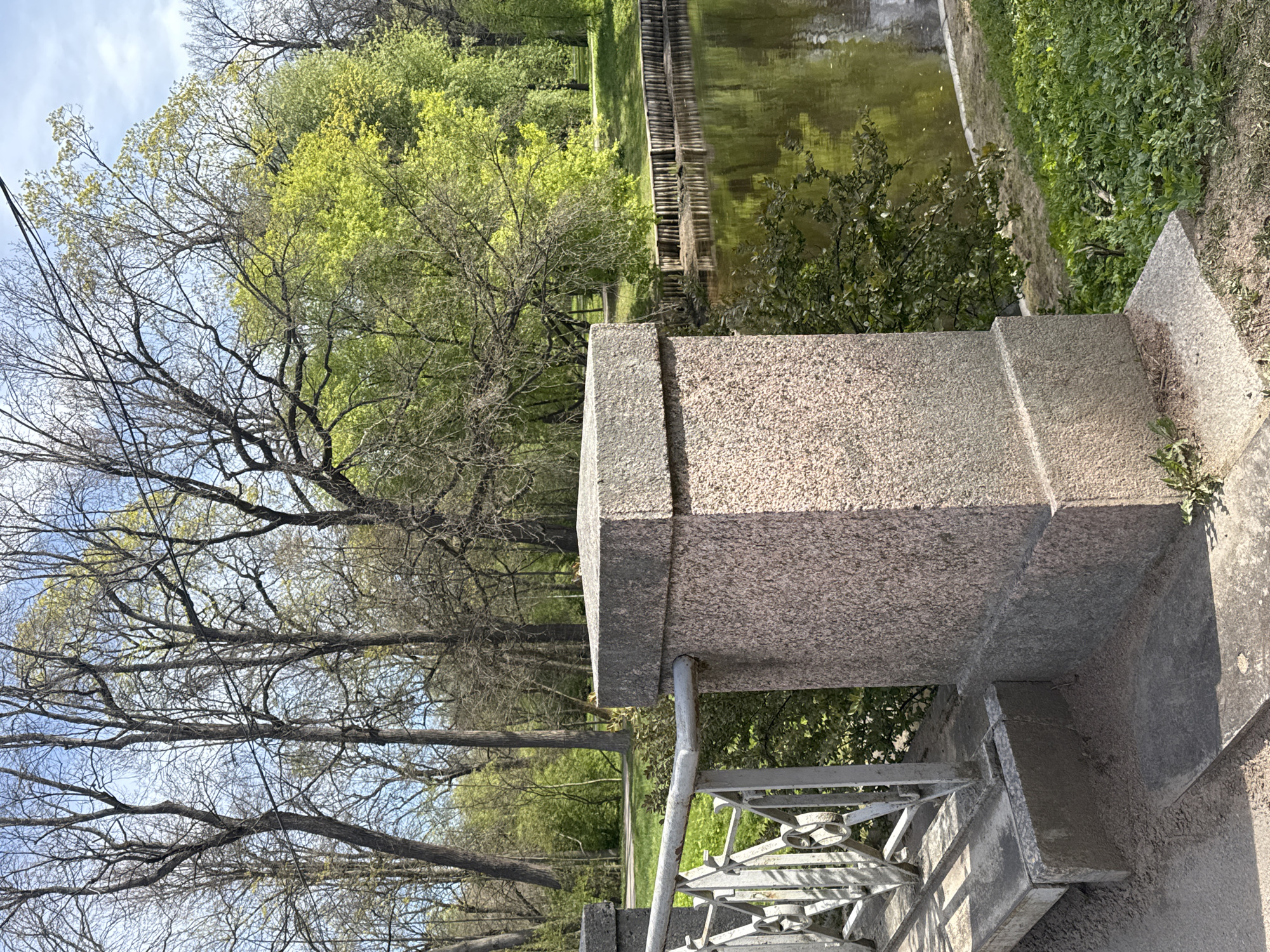 The image shows a section of a stone bridge railing and adjacent canal in a park-like setting. The bridge railing is made of a rough, light-colored stone with decorative ironwork underneath. Beyond the bridge, a canal is visible, with a retaining wall on the far bank. Vegetation, including trees with new spring foliage, lines the canal. Bare branches of trees are visible against a partly cloudy sky.
This is likely in Saint Petersburg, Russia, due to the architectural style of the bridge and the city's extensive canal system within its parks.