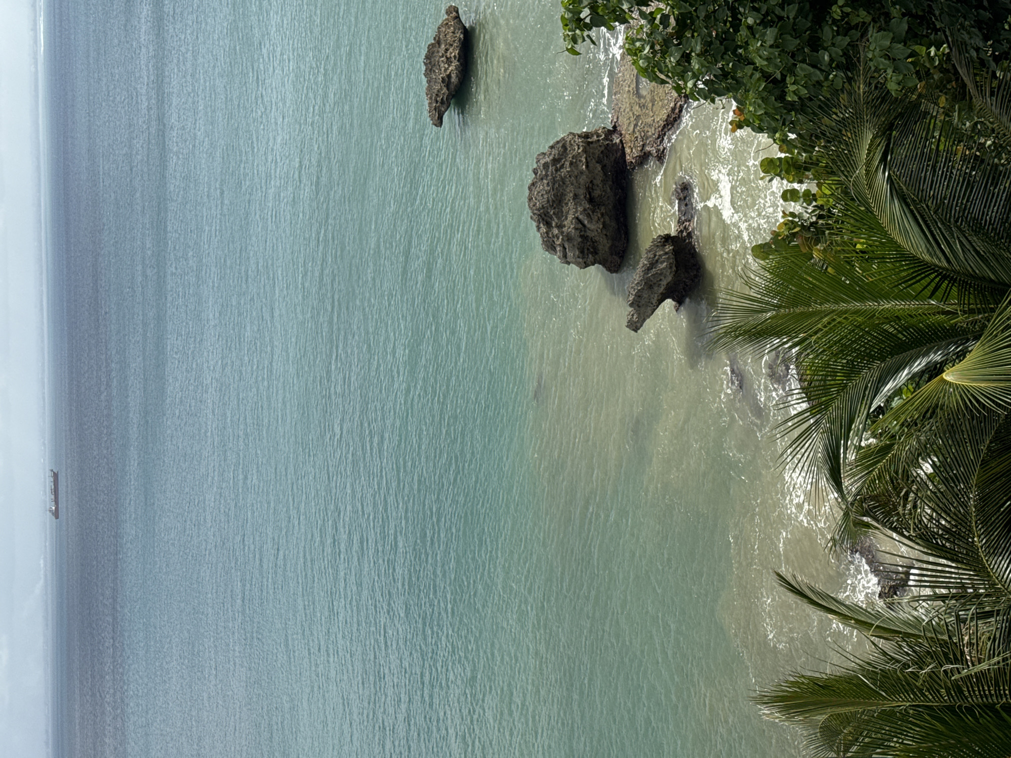 This is an overhead shot of the coast in Kuta Selatan, Indonesia. The ocean takes up the majority of the image, with turquoise water that darkens further out. Several large rocks are near the coast, surrounded by foamy waves. Lush vegetation including palm trees grows at the coast. A ship can be seen on the horizon.