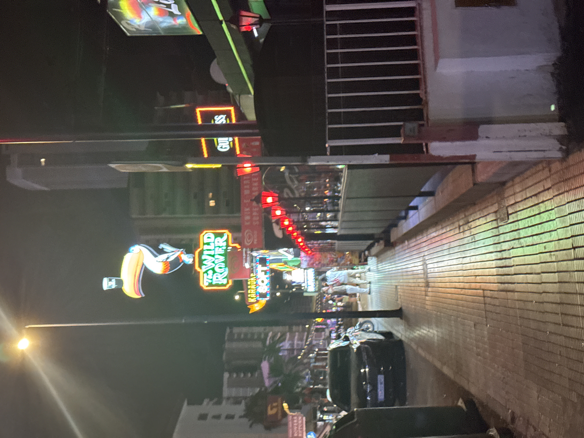 This is a night-time, eye-level, street-level photograph taken in Benidorm, Spain, likely in the entertainment district. The image captures a pedestrian walkway lined with various neon signs advertising businesses. Prominently featured are "The Wild Rover" with a toucan graphic, and "Karaoke SOFT." Other illuminated signs, though less distinct, suggest businesses like "Guinness" and a "Supermarket." The street is paved with patterned tiles, reflecting the vibrant neon lights, creating a colorful, streaky effect. A dark colored car is parked on the left side of the street. Several people are visible walking along the pavement, some appearing to be patrons of the establishments. The architecture suggests a dense urban environment with multi-story buildings in the background. Red street lamps are also visible along the walkway.