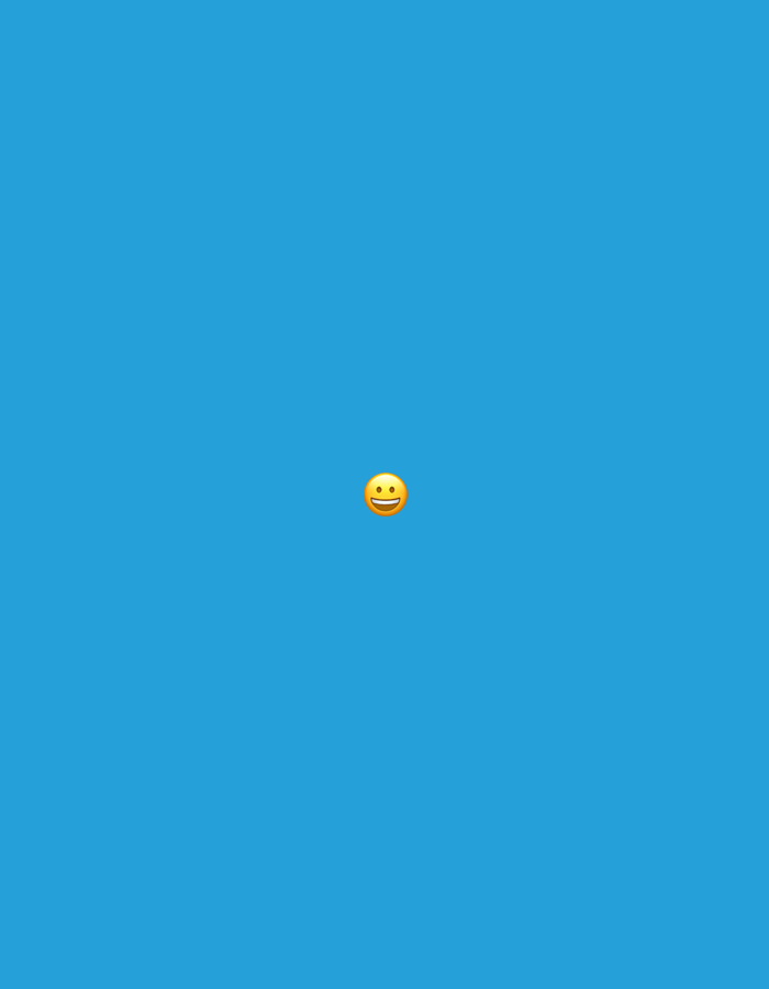 The image displays a digital graphic featuring a single, yellow, circular smiling face emoji. This emoji is centrally positioned against a solid, uniform cerulean blue background. The smiling face has two small, black, oval-shaped eyes in its upper half and a wide, open-mouthed smile in its lower half, revealing a row of white teeth and a faint pink tongue, conveying an expression of cheerfulness. The blue background is entirely untextured and fills the entire frame, providing no additional environmental context or objects. The scene is static, devoid of any discernible action, interaction, or people. This described scene is situated in the city of Santa Ana, Venezuela.