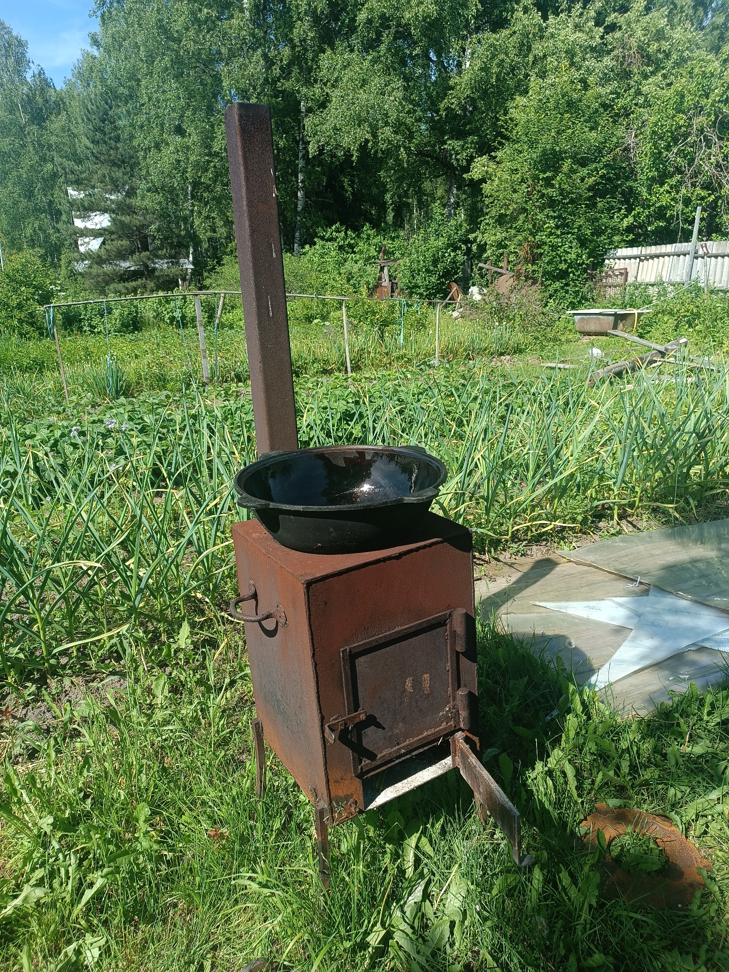 The image depicts an outdoor scene in Новые Омутищи, Russia, featuring a rustic cooking setup within a cultivated garden environment under a clear blue sky. In the foreground, a rusty, rectangular metal outdoor stove stands on short legs. A tall, square-profile metal chimney extends vertically from the rear of the stove's top surface. Two curved metal handles are attached to the left side of the stove body. The front of the stove features two hinged doors; the upper door is partially ajar at the bottom, and the lower door, likely for an ash pan, is fully open, revealing its interior. A black, round, cast-iron pot, possibly a kazan, is placed on the top surface of the stove, containing a dark, reflective liquid.
The ground around the stove is covered in lush green grass and various weeds. Beyond the stove, rows of tall, thin green plants, likely garlic, extend across the midground from left to right, with some leaves showing a yellowish hue. In the background, a dense line of tall green deciduous trees dominates, with hints of white building structures visible through the foliage on the left. To the right background, a weathered wooden fence with corrugated metal sections is visible. Behind the fence, a white bathtub rests on elevated supports. Scattered on the ground to the right of the stove are several translucent or white plastic sheets. No people or animals are present in the scene. The natural lighting suggests a bright, sunny day, with shadows cast towards the foreground and left.