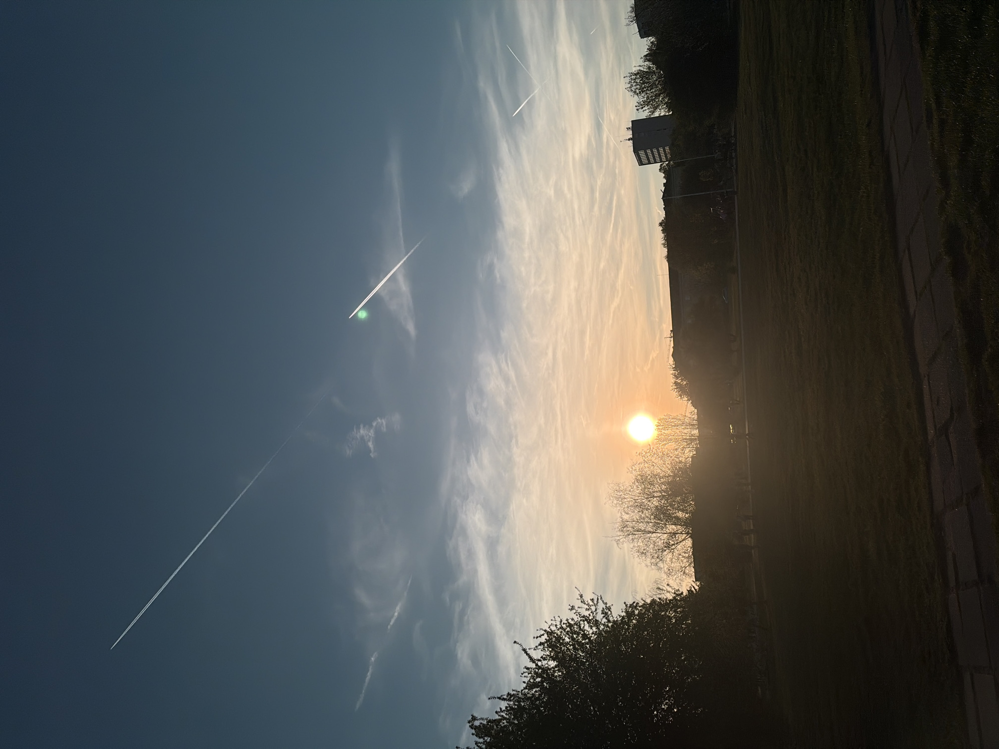 The image depicts a sunset in Sofia, Bulgaria. The sun is positioned low on the horizon, creating a warm, golden glow in the sky. The sky also contains wispy clouds and contrails from airplanes. The foreground is dominated by trees and foliage, with a paved path visible on the right. A building can be seen in the background.