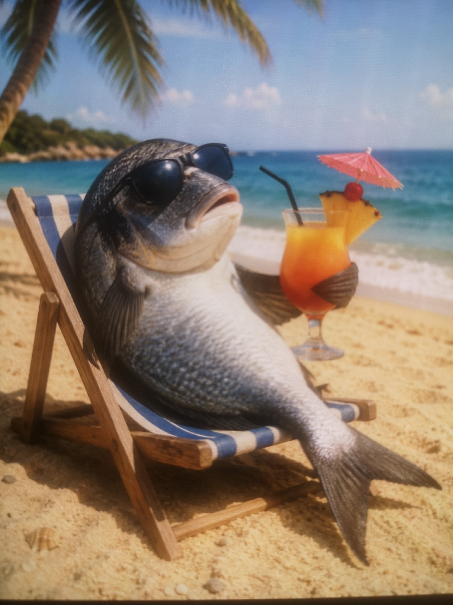 A fish wearing sunglasses is reclining in a beach chair on a sandy beach. The fish is positioned in the center of the image, and its body rests along the blue and white striped fabric of the chair. A tropical drink adorned with a slice of pineapple, a cherry, and a miniature umbrella sits to the right of the fish. The drink has a black straw and is partially shielded by the fish's pectoral fin. In the background, there is a body of water, and a tree is visible on the left side. The beach is sandy and the scene is illuminated by bright sunlight. The location in the city is Unknown, Unknown.