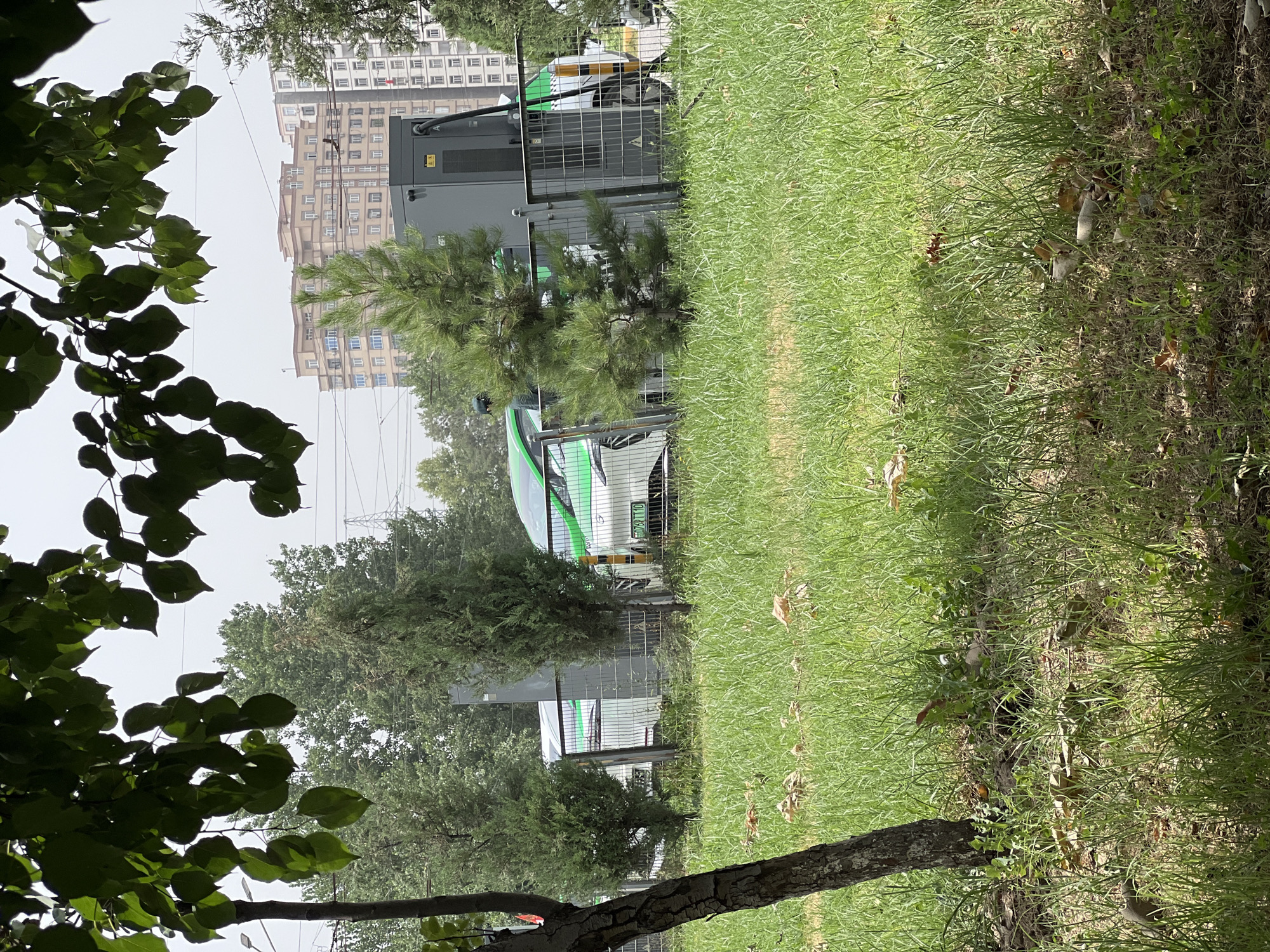 The image depicts an outdoor scene with a focus on a street or road area bordered by a grassy lawn and trees. In the background, a tall, modern building with many windows is visible, suggesting an urban or semi-urban setting. To the left of the building, there are several trees, some with lush green leaves, and others with a more conical shape, possibly pine trees. In the mid-ground, a white bus with green accents is parked behind a metal fence. The bus has text on its rear, but it is not clearly legible. Adjacent to the bus, there is a grey electrical box or utility structure, also behind the fence. The foreground features a grassy area with some fallen leaves, and the trunk of a tree is prominent in the bottom portion of the image. The sky is overcast and appears a pale grey, indicating a cloudy or possibly foggy day. The lighting suggests it could be daytime, but the overcast conditions create a subdued atmosphere. The scene appears to be quiet and static, with no people visible and no immediate activity taking place. The overall impression is one of a functional, possibly public space, situated near a residential or commercial area.