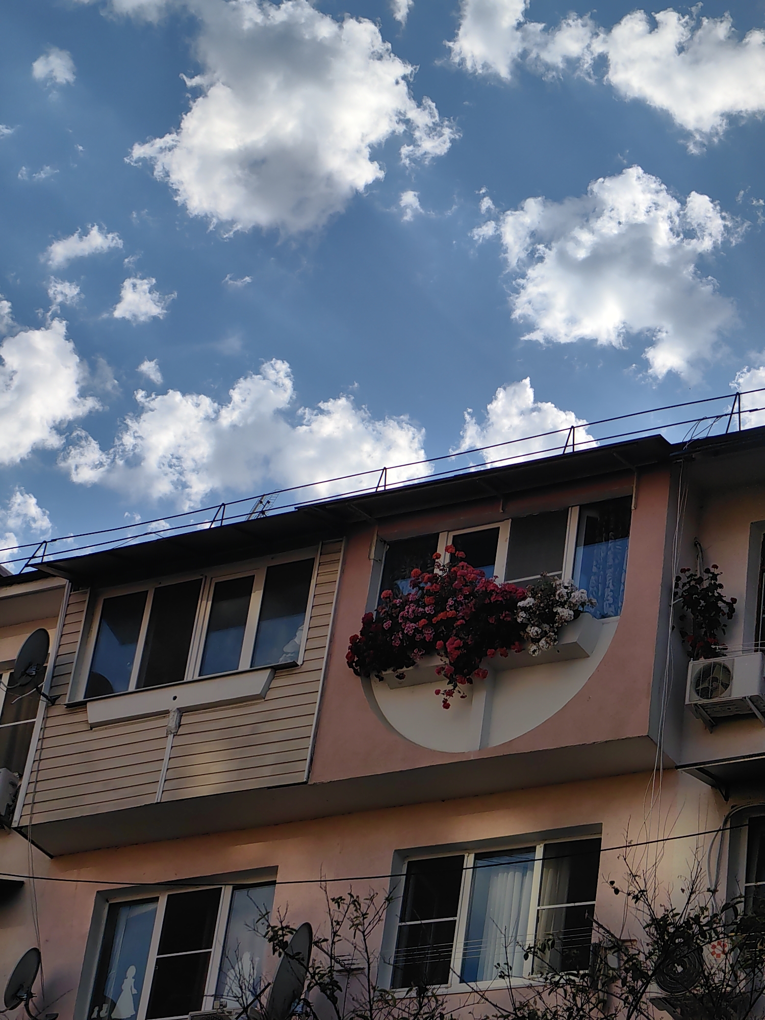 The image depicts a close-up view of a residential building's facade, likely in Sochi, Russia, under a bright blue sky filled with fluffy white clouds. The building appears to be several stories high with a pastel pink exterior.
On the upper floor, there are multiple windows. One prominent window features a flower box overflowing with vibrant red and pink flowers, interspersed with white blooms. This window has a semicircular decorative element above it, painted white. To the right of this, an air conditioning unit is mounted on the wall. On the far right, another window is visible with a smaller planter of dark red flowers.
The floor below the flower-adorned window has a section clad in horizontally oriented beige siding. More windows are visible on this level, some with dark reflections.
The lower floor of the building is also pink. A large window on this level shows a reflection and what appears to be a white silhouette of a person inside. Another air conditioning unit is visible below this window. Satellite dishes are mounted on the exterior walls at various levels. Bare branches of trees are in the foreground, partially obscuring the lower parts of the building.
The overall scene suggests an urban residential setting with elements of floral decoration, common in the warmer climate of Sochi.