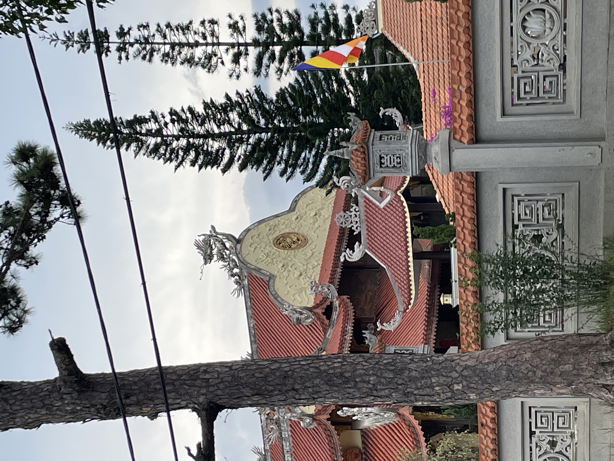 In the city of Lâm Viên - Đà Lạt, Vietnam, a Buddhist temple complex is visible. The temple features traditional architecture with red tiled roofs and ornate decorations, including dragon motifs. In the foreground, a large tree trunk partially obscures the view, and a grey stone fence with intricate geometric patterns lines the perimeter. A colorful flag, possibly a Buddhist flag, flutters on a pole to the right of the frame. Two tall pine trees stand behind the temple. The sky is overcast.