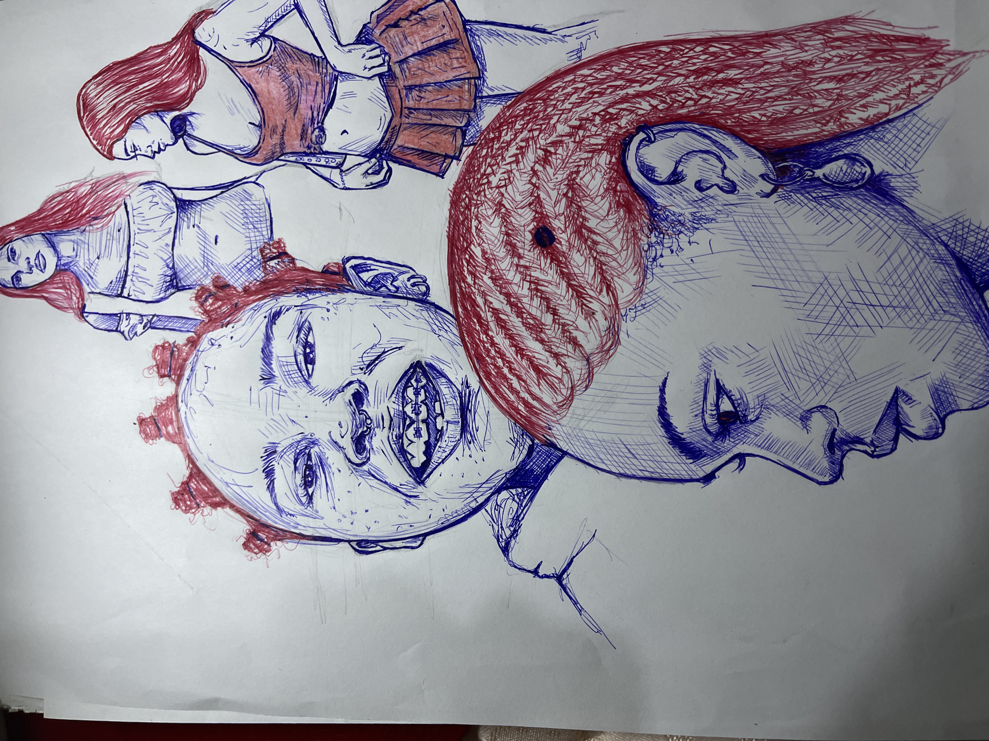 This image is a sketch done in blue and red ink on white paper. It depicts four portraits of individuals, all with red hair. The style is illustrative, with a focus on linework and shading.
In the foreground, a profile view of a person's head and upper shoulder is shown, with intricate hatching for shading. Red ink is used for the hair, which is styled in braids that are partially visible. The person is wearing a dangling earring.
To the upper left, a close-up of a person's face is rendered, looking directly at the viewer. This portrait features a wide smile, revealing braces on the teeth. Red ink is used for the small, rounded buns of hair on the top of the head. Freckles are indicated with small dots.
To the upper right, two full-body portraits of individuals are depicted. One is shown from the chest up, wearing a ruffled off-the-shoulder top. The other is shown from the chest down, wearing a tank top and a short pleated skirt. Both have long, flowing red hair.
The drawing is unsigned and undated. There is no discernible indication of a specific location, such as the city of Jos, Nigeria. The background is plain white paper.