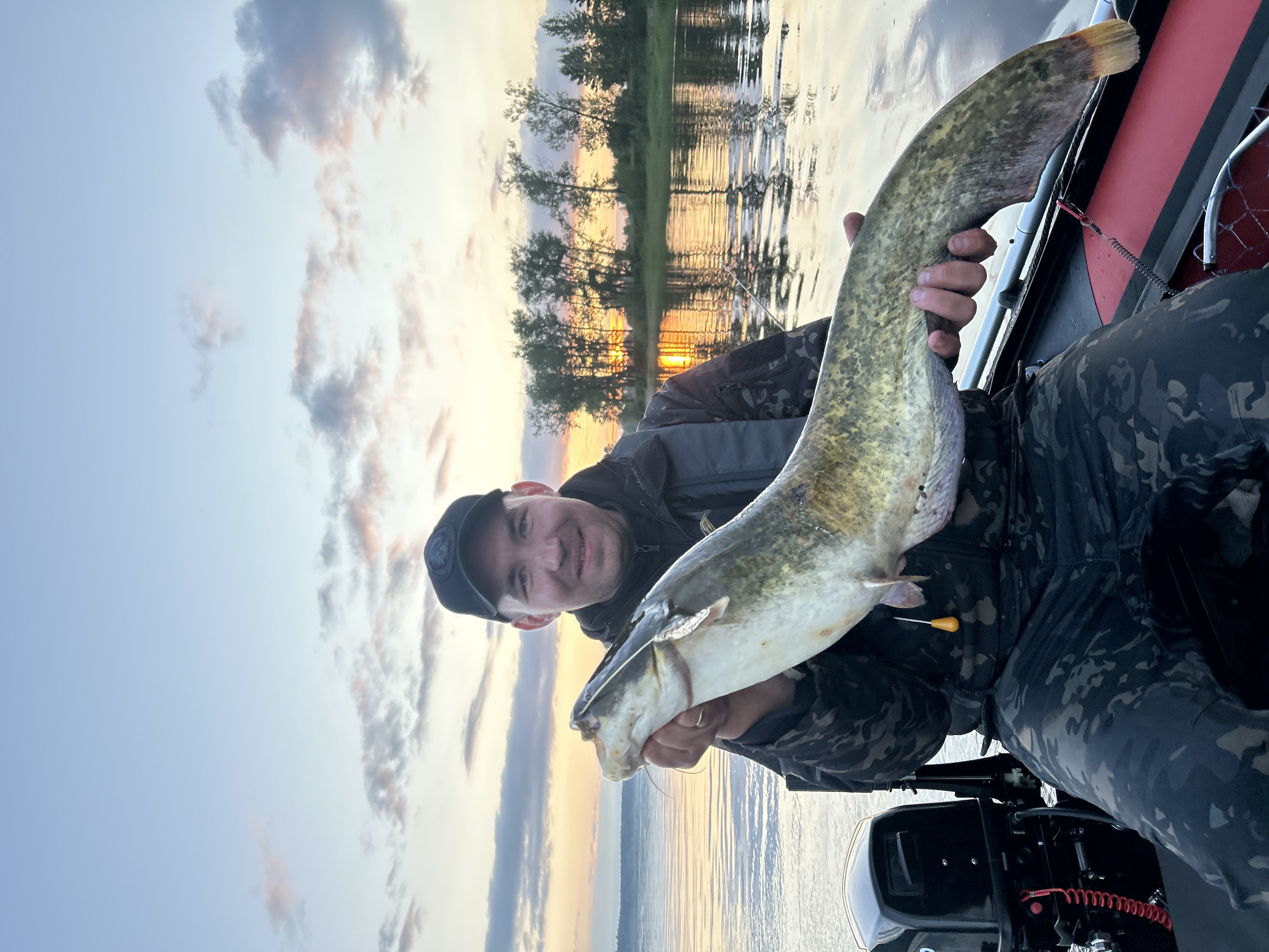 A man in camouflage clothing and a black baseball cap is sitting in a boat on a body of water, holding a large, light-colored fish. The man is smiling at the camera, and his hands are around the fish. The fish has a long body and a prominent head with whiskers. The boat has a black outboard motor on the left side and red inflatable sides. The water is calm and reflects the sky, which is a soft blue with scattered clouds and the glow of a sunset. Trees and vegetation line the distant shore. The scene is set at dusk.