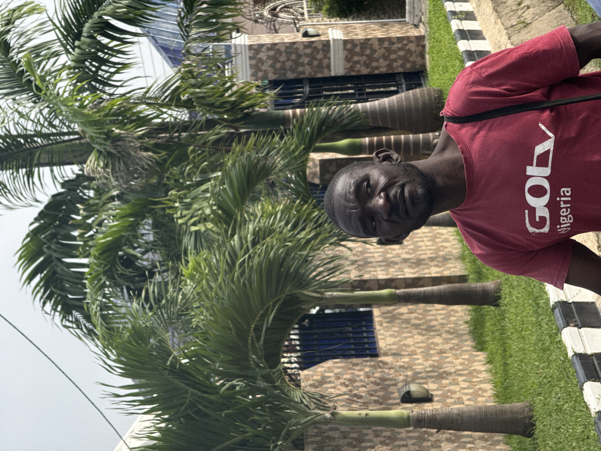 A medium shot captures a Black man standing outdoors in front of a wall adorned with small, irregularly shaped tiles. He is wearing a maroon t-shirt with the white text "GOTV Nigeria" printed on it. The man is looking slightly to his left, with his mouth slightly open. Behind him, several palm trees with thin trunks and lush green fronds are visible. A black fence with a decorative archway is also present to the right, and a grassy area with a white and black striped curb is in the foreground. The sky is overcast and appears hazy. The setting is consistent with the environment found in Abuja, Nigeria.