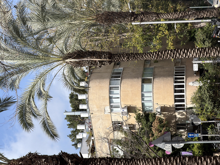 The image displays an urban street scene in Tel-Aviv, Israel, specifically on Rothschild Boulevard, likely near number 96 or 98. The central subject is a five-story Bauhaus-style building with a light beige stucco facade, exhibiting some wear and peeling paint. The building features distinctive rounded corners and multiple bands of horizontal windows with white frames across its curved face. An external air conditioning unit is mounted on the second floor. The rooftop contains several white cylindrical water heaters and a tall, vertical grey vent stack.
Two prominent palm trees with textured brown trunks frame the building, partially obscuring its left and right sides. Lush green foliage, including bushes and smaller trees, grows at street level and around the building's base. On the bottom left, a grey street sign pole supports a triangular warning sign (partially obscured) and a blue rectangular sign indicating an upward arrow and a 'P' symbol for parking. A white awning or umbrella structure is visible at the building's ground floor level. To the right of the building's base, a partially visible sign in Hebrew reads "רוטשילד" (Rothschild), followed by a two-digit number, likely "96" or "98". Partially visible parked motorcycles or scooters are present at the bottom right of the frame. The sky above is partly cloudy with patches of blue. No individuals are clearly visible in the scene.