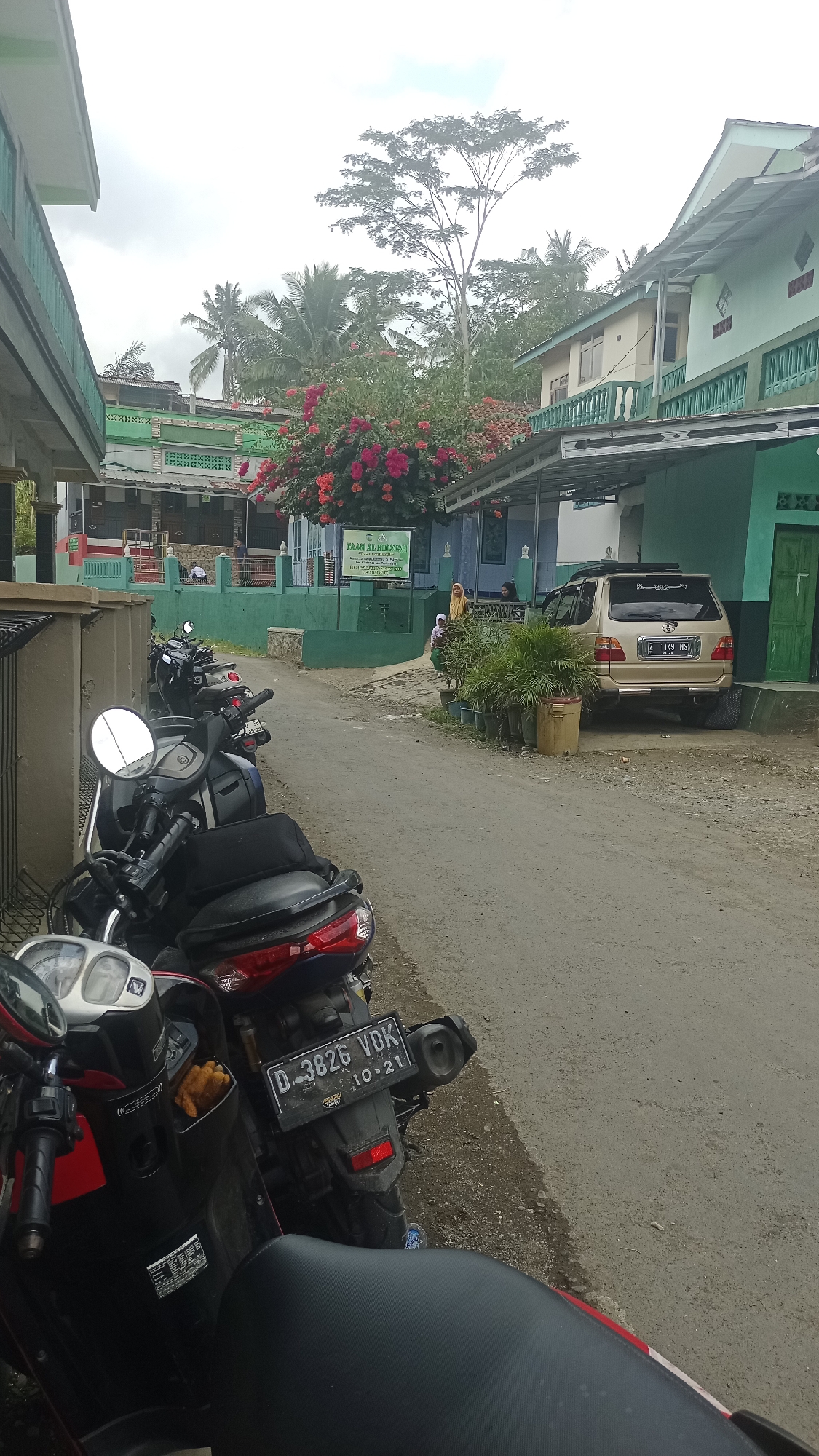 The image captures a street scene in Karyamandala, Indonesia, with a focus on a row of parked motorcycles in the foreground and a building complex in the background. The motorcycles, mostly scooters, are parked on a paved road. One motorcycle, a black and red scooter, is particularly prominent, showing its rear with a license plate reading "D 3826 VDK 10.21".
Behind the motorcycles, a road curves towards buildings painted in shades of green and light yellow. These buildings appear to be part of a community or educational institution, with one building displaying a sign that reads "TA'LIM AL-HIIDAYAH". Several potted plants are placed near the buildings. A gold-colored minivan with the license plate "Z 1149 MS" is parked on the right side of the road. Two women, one wearing a yellow hijab, are seen near the entrance of one of the buildings. Lush trees, including palm trees and a large tree with vibrant pink and red flowers, frame the scene against a cloudy sky. The environment suggests a warm, possibly humid climate.