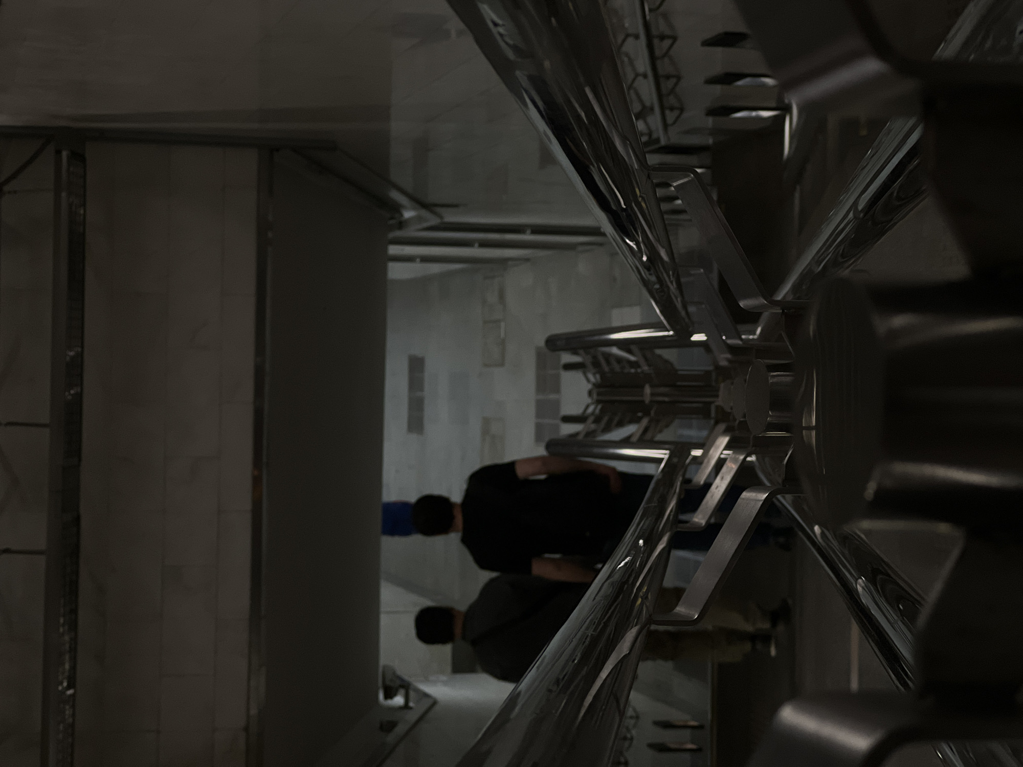 The image shows two people walking through a turnstile at an entrance. One person is wearing a black shirt and a blue baseball cap. The other person wears a darker green shirt. The setting is indoors, potentially in a transportation hub such as a subway station, given the presence of turnstiles and general design. The location is most likely the Moscow Metro, Russia. The turnstile is made of metal. The ceiling is tile.
