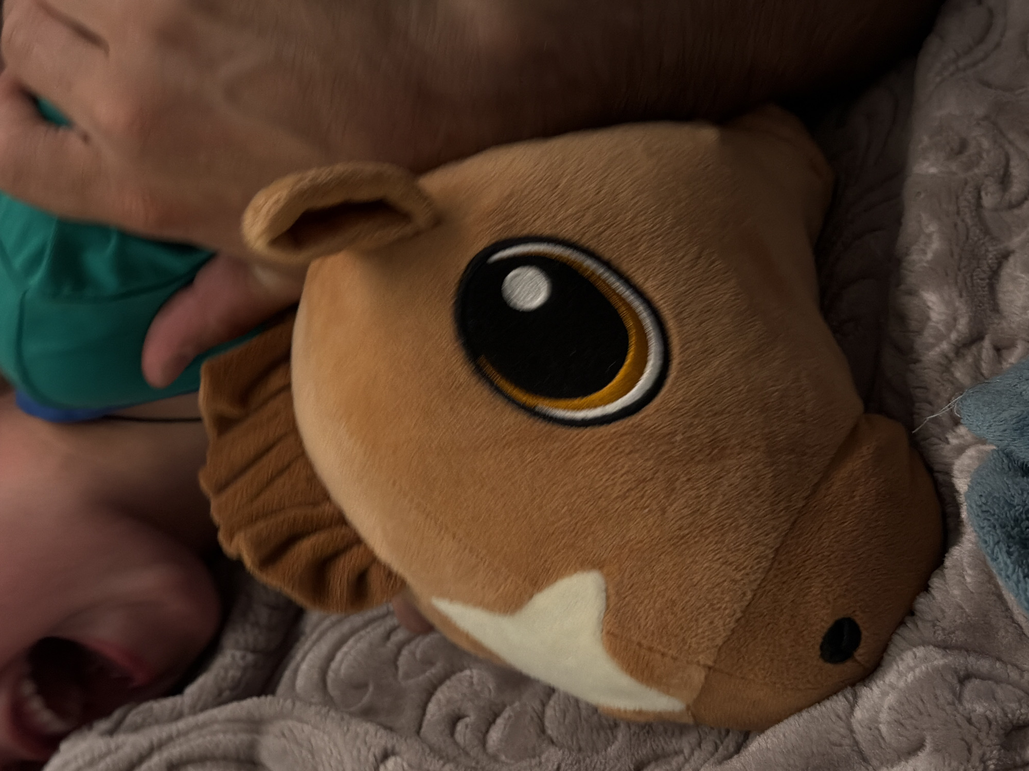 The image presents a close-up view of a light brown plush toy, resembling a horse or deer, with a prominent, large embroidered eye featuring a black pupil, white highlight, and a gold and white rim. The toy has a small black nose and a white blaze on its snout, with a textured brown mane visible on its neck.
The plush toy is positioned on a soft, grey blanket with a patterned surface. Partially visible around the toy are elements suggesting human interaction. In the upper left, a person's hand and arm, clad in a green garment, are visible, seemingly holding or resting near the toy. In the lower-left corner, an open mouth, likely belonging to a child, is seen, suggesting an expression of laughter or excitement. A hint of another blue textile item is present on the far right.
The scene captures a moment of playful engagement or comforting interaction between a person, possibly a child, and the plush toy, set indoors in Sofiivska Borshchahivka, Ukraine. The lighting appears soft, indicating an internal environment. There is no visible text in the image.