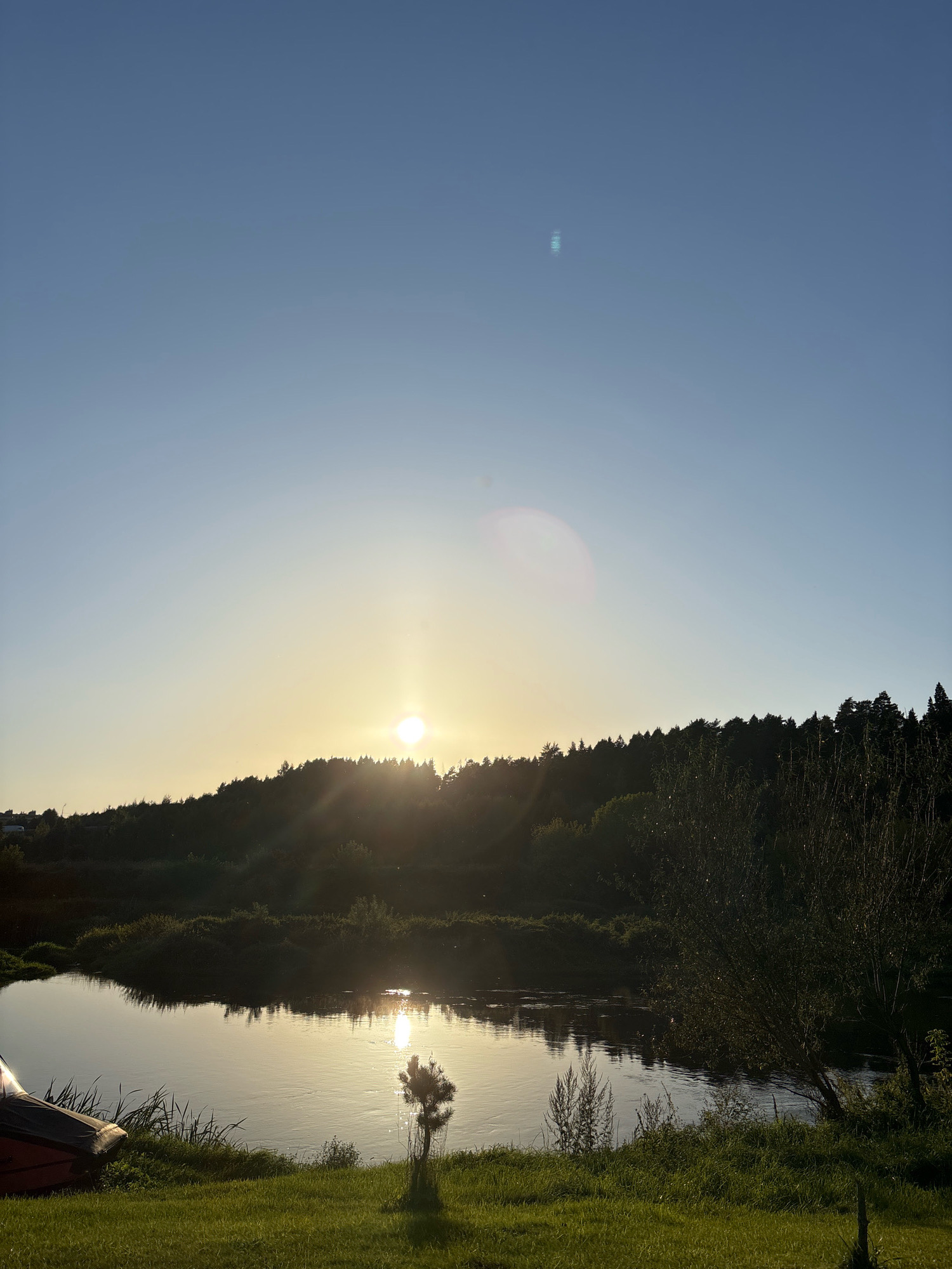 The image depicts a serene natural landscape in Zvenigorod, Russia, under a clear, pale blue sky. The sun, a bright, glowing orb, is positioned just above the horizon, casting a warm, golden light. Its rays emanate outwards, creating subtle lens flares in the sky.
A dense forest of dark green trees forms a silhouette along the crest of a rolling hill that dominates the midground. The forest's edge is softened by the low-angled sunlight, which also glints off the surface of a tranquil river flowing in the foreground. The river's water reflects the golden light of the sun, creating a shimmering path.
Along the riverbank, lush green grass covers the ground, interspersed with tall reeds and a few small, wispy trees. To the left, a portion of a red and black boat is visible, resting on the grass near the water's edge. To the right, a larger, leafy tree stands close to the river, its branches casting shadows on the grassy bank. The overall impression is one of peaceful, natural beauty at dusk or dawn.