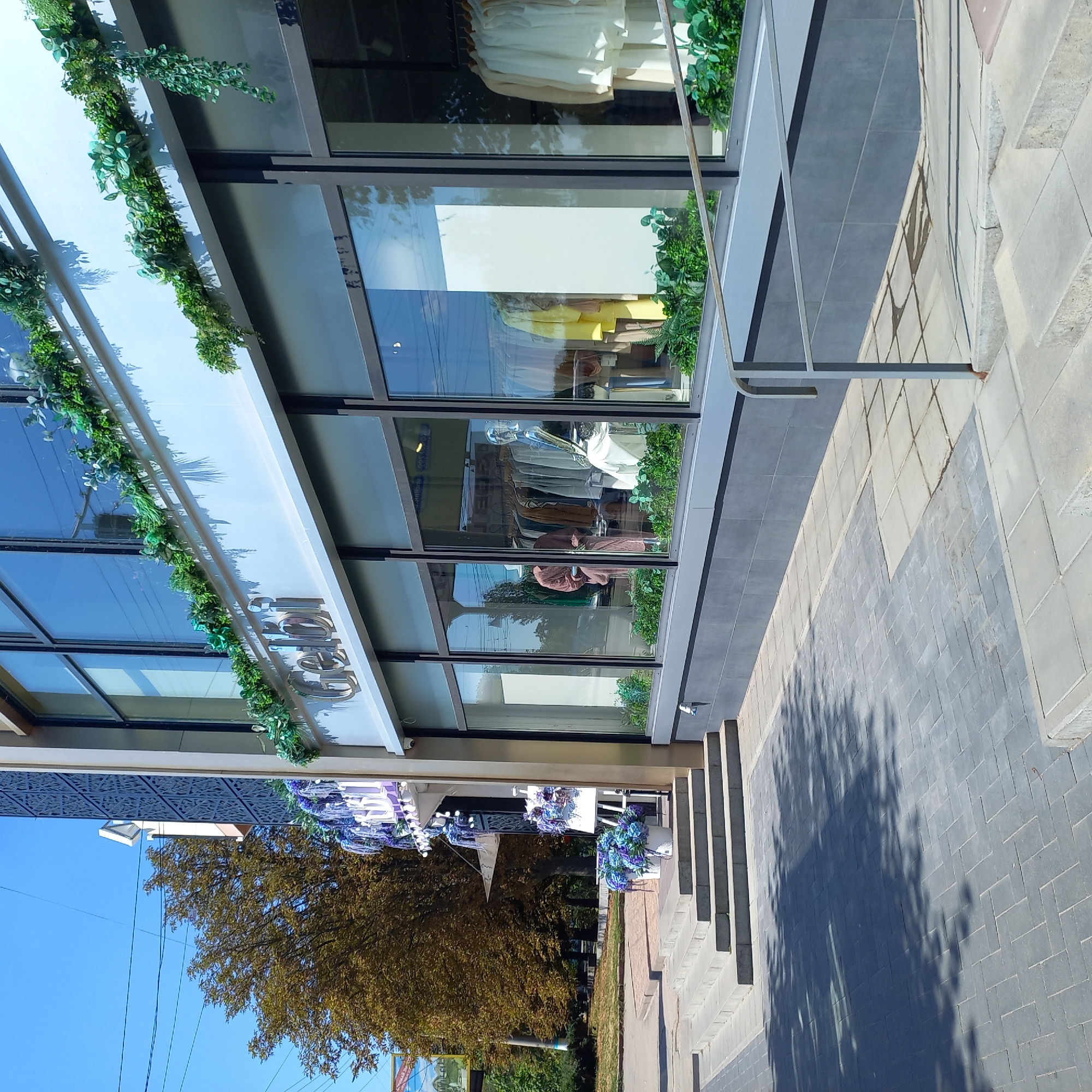The image shows the exterior of a store named "Gelbi" in the city of Kropyvnytskyi, Ukraine. The store has large glass windows that display clothing on mannequins and racks. A walkway with grey paving stones leads up to a set of concrete steps that provide access to the store entrance. There are several potted plants with blue and purple flowers near the entrance. The store is decorated with artificial green garlands along the upper part of the windows. The sky is clear and blue, and the sun casts shadows on the ground. There are no people visible in the image.