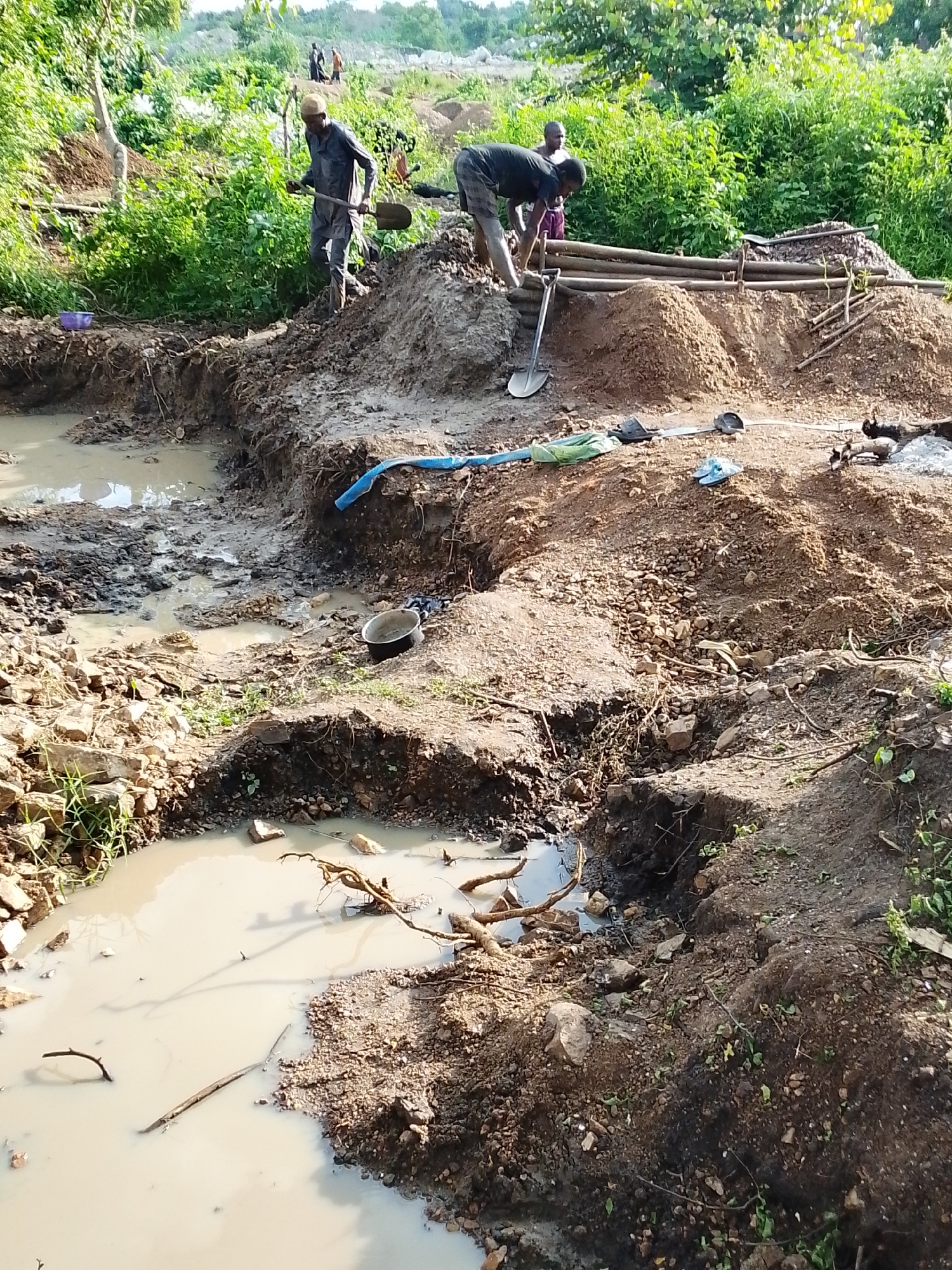 The image depicts an outdoor scene at a mine in Otulu, Nigeria, featuring several individuals engaged in excavation work. The terrain is uneven and consists of muddy pits, piles of excavated earth, and sparse vegetation. In the foreground, a muddy pool of water reflects the surrounding environment, with scattered rocks and debris along its edges.
Several people are visible in the image. One individual, wearing a dark long-sleeved shirt and light-colored pants, is operating a shovel, standing on a mound of dirt. Another person, dressed in a dark shirt and shorts, is bent over, seemingly working near a wooden structure. Further in the background, two other figures are visible, appearing to be involved in similar activities.
Various tools and objects are scattered across the scene, including shovels, a metallic pot, a green bag, and a blue hose or pipe. The wooden structure in the middle ground appears to be a support or part of the mining apparatus. The overall environment suggests an active, albeit rudimentary, mining operation. The lighting indicates it is daytime, with sunlight casting shadows on the ground. The presence of lush green vegetation in the background contrasts with the disturbed earth of the mine.