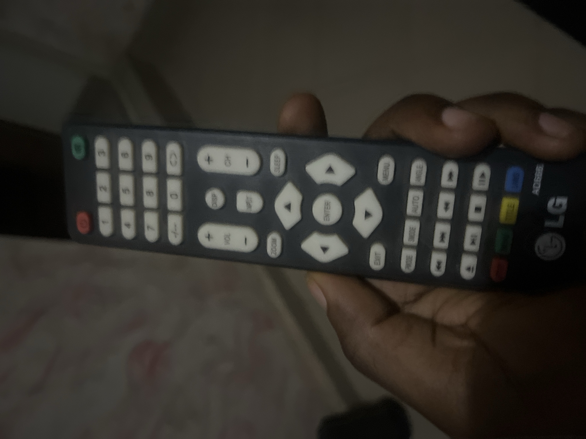 An out-of-focus, close-up shot shows a hand holding a black LG television remote control. The remote has a keypad with numbers 0-9, directional buttons, and various function buttons such as "POWER", "VOL", "CH", "INPUT", "DISP", "ZOOM", "SLEEP", "ENTER", "EXIT", "PMODE", "SMODE", "AUTO", "ANGLE", and playback controls. The LG logo is visible at the bottom of the remote. The background is indistinct, appearing to be an indoor setting with textured walls. The image is taken in Jalingo, Nigeria.