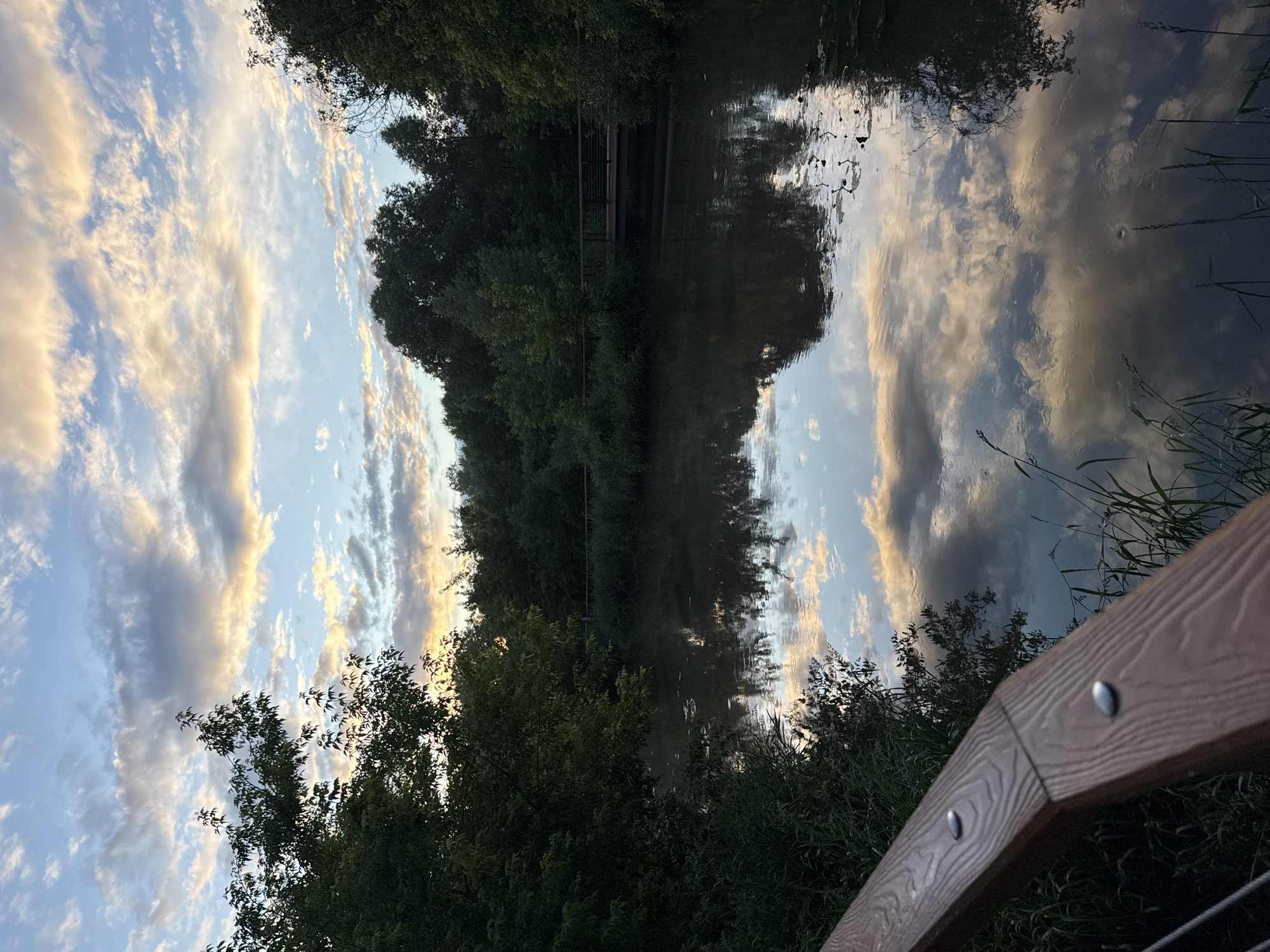 The image shows a body of water with reflections of the sky and surrounding trees. A wooden railing is in the foreground on the left side, and on the right, there is lush vegetation along the bank. In the distance, a small bridge crosses the water. The sky is partly cloudy with soft, diffused light, suggesting either early morning or late evening. The overall atmosphere is tranquil and natural. It is not possible to determine the exact location within Moscow, Russia, from the provided image.