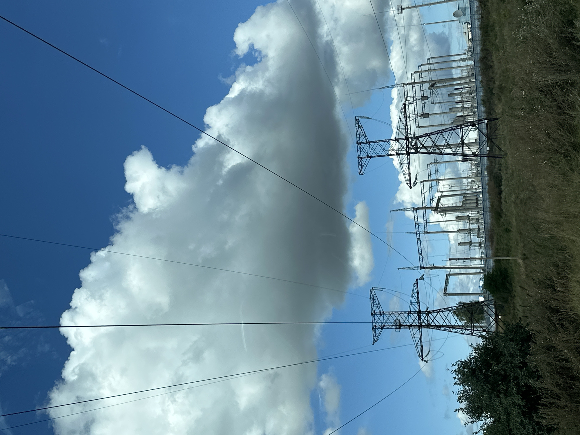 An eye-level, medium shot captures an outdoor view of a power substation under a bright, partly cloudy sky. The foreground is dominated by dry grass and foliage, with a prominent, dark green bush on the left side. Behind the vegetation, several tall, black lattice metal power transmission towers stand silhouetted against the sky, with power lines stretching across the frame. In the background, a sprawling electrical substation complex is visible, characterized by numerous tall, grey cylindrical structures and a series of white and grey buildings, all enclosed by a dark blue fence. The sky is a vibrant blue, adorned with large, fluffy white clouds and smaller patches of grey clouds. The image appears to be taken during daylight.